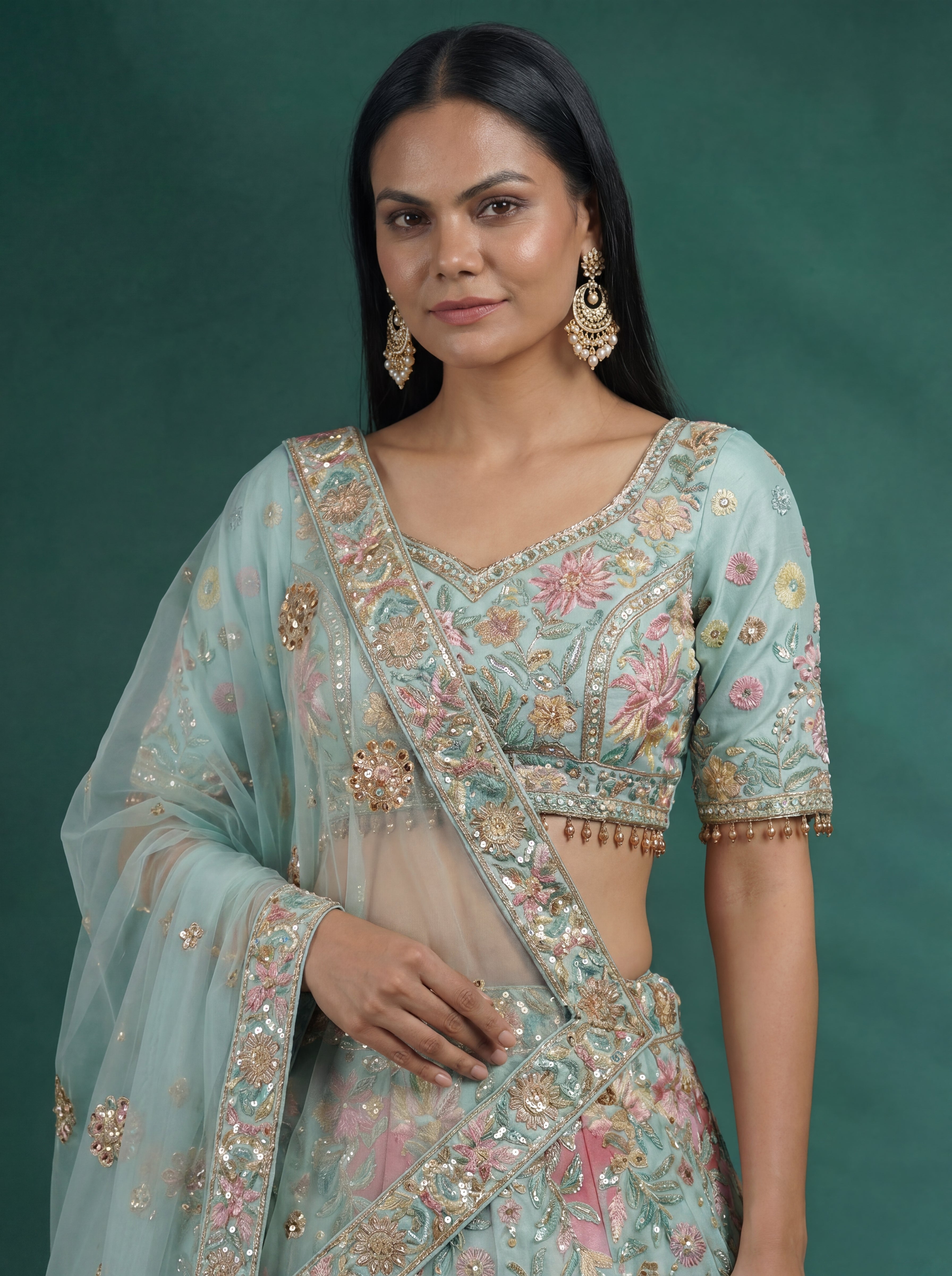Mint Aqua Viscose Mirror Sequins Wedding Lehenga Choli Set