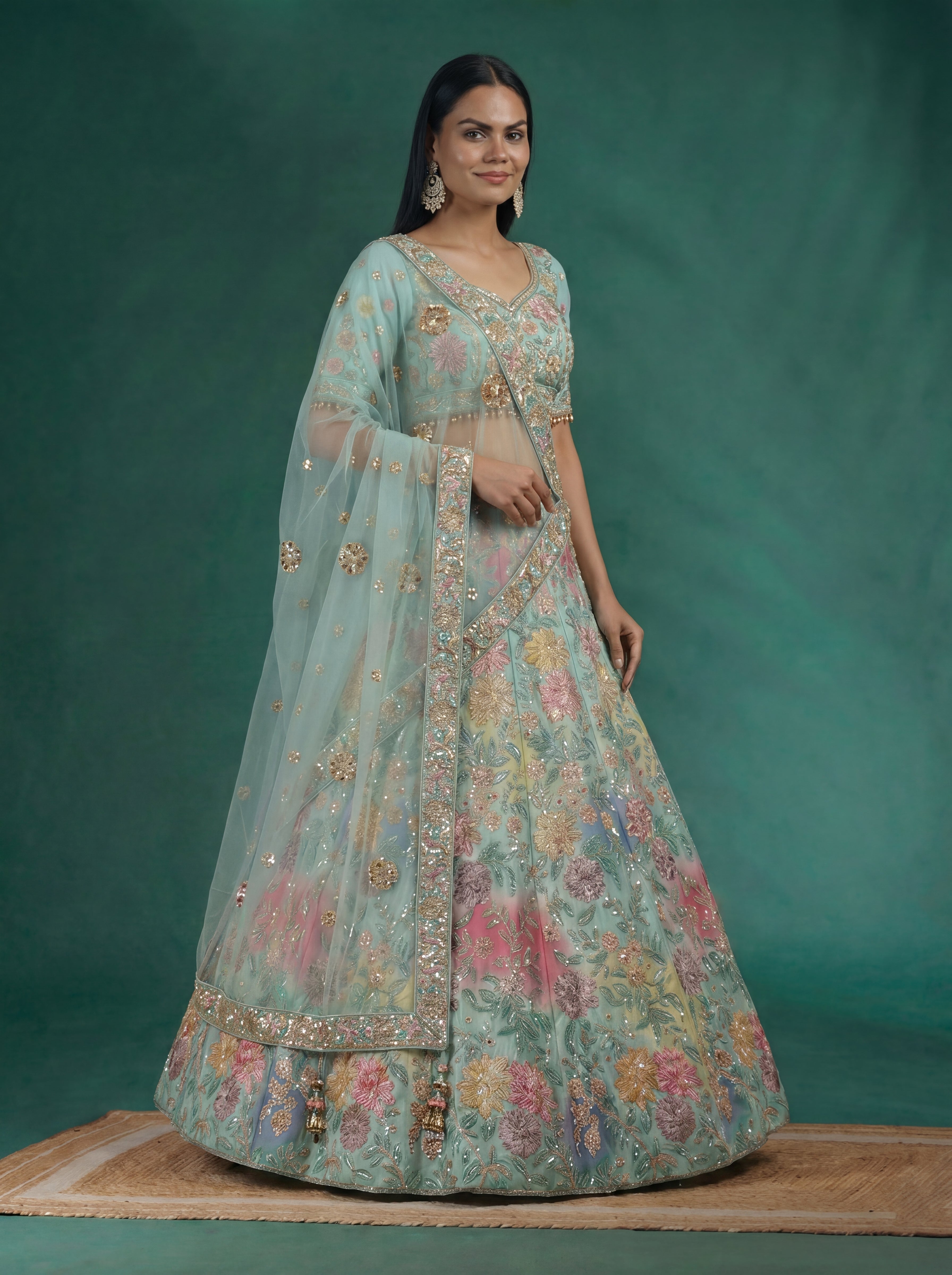Mint Aqua Viscose Mirror Sequins Wedding Lehenga Choli Set