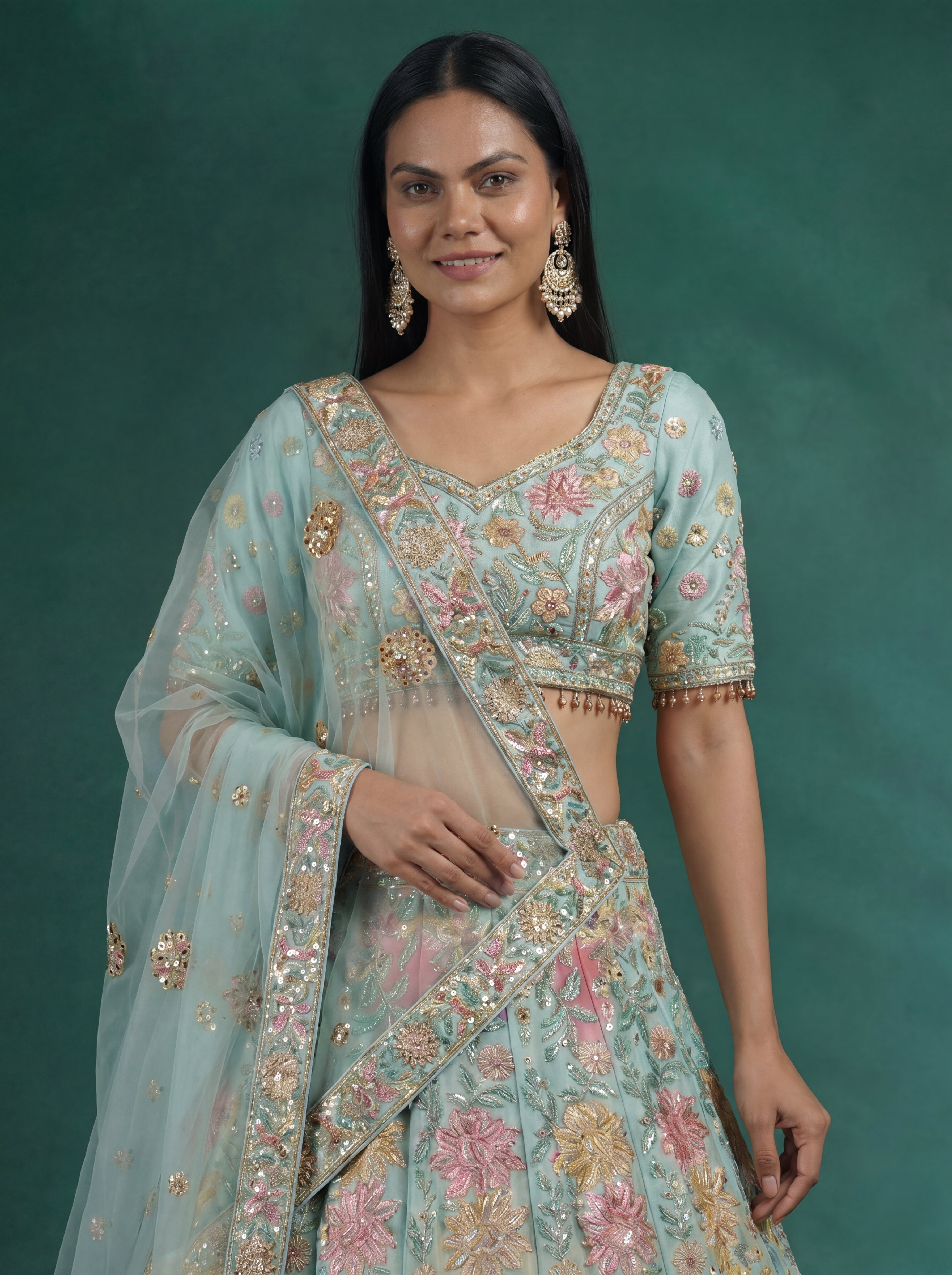 Mint Aqua Viscose Mirror Sequins Wedding Lehenga Choli Set