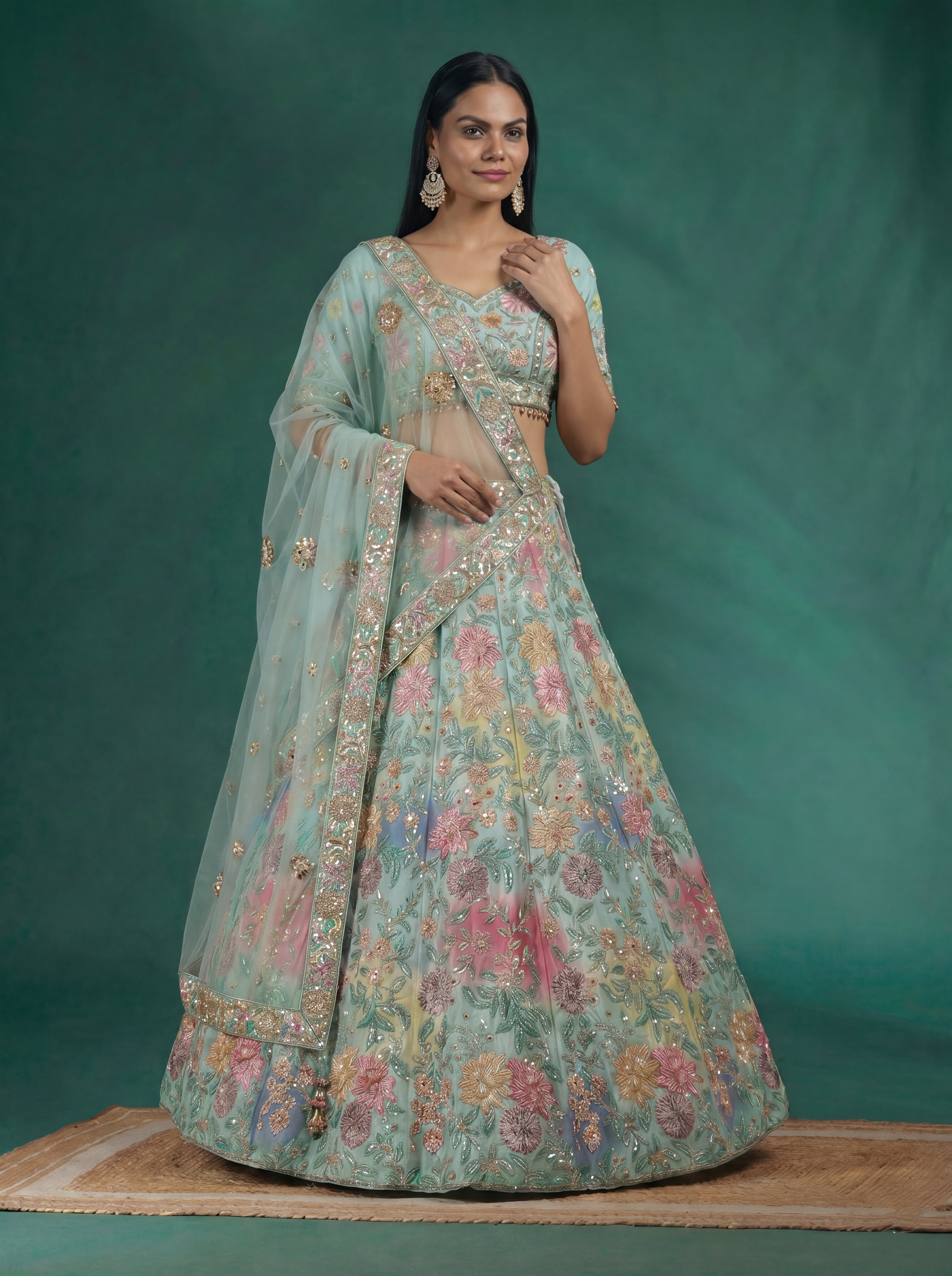 Mint Aqua Viscose Mirror Sequins Wedding Lehenga Choli Set
