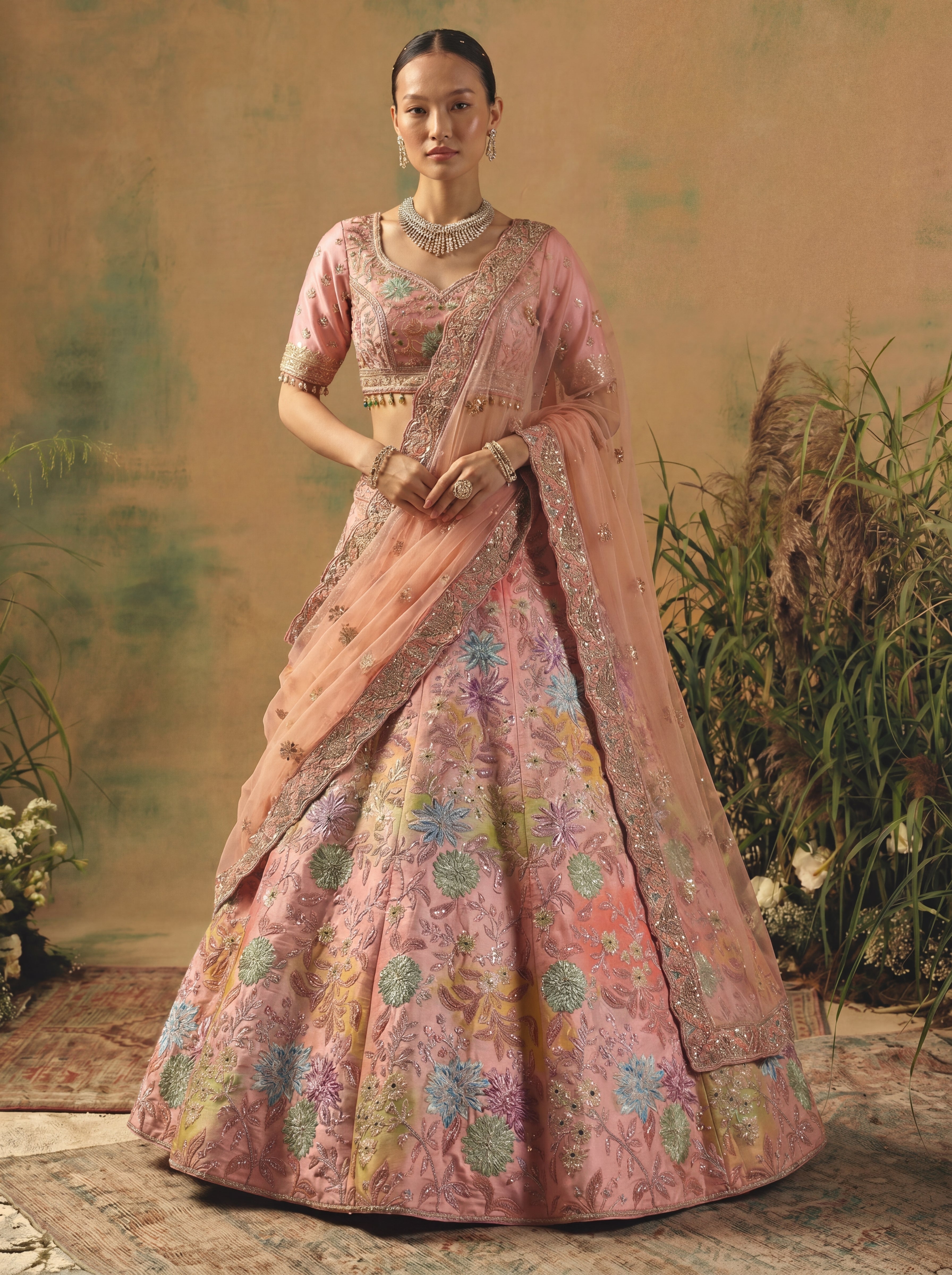 Blush Pink Viscose Mirror Sequins Wedding Lehenga Choli Set
