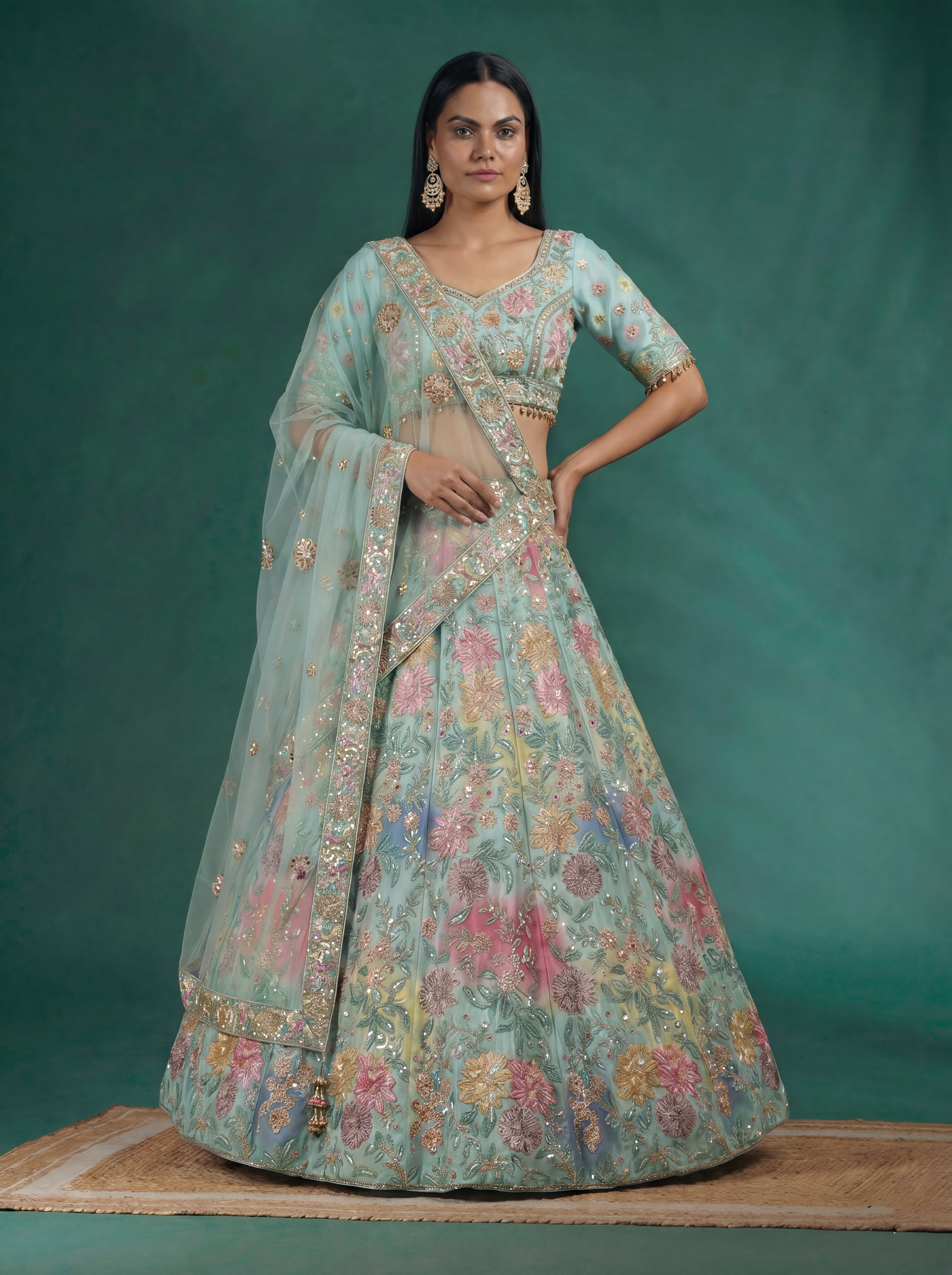 Mint Aqua Viscose Mirror Sequins Wedding Lehenga Choli Set