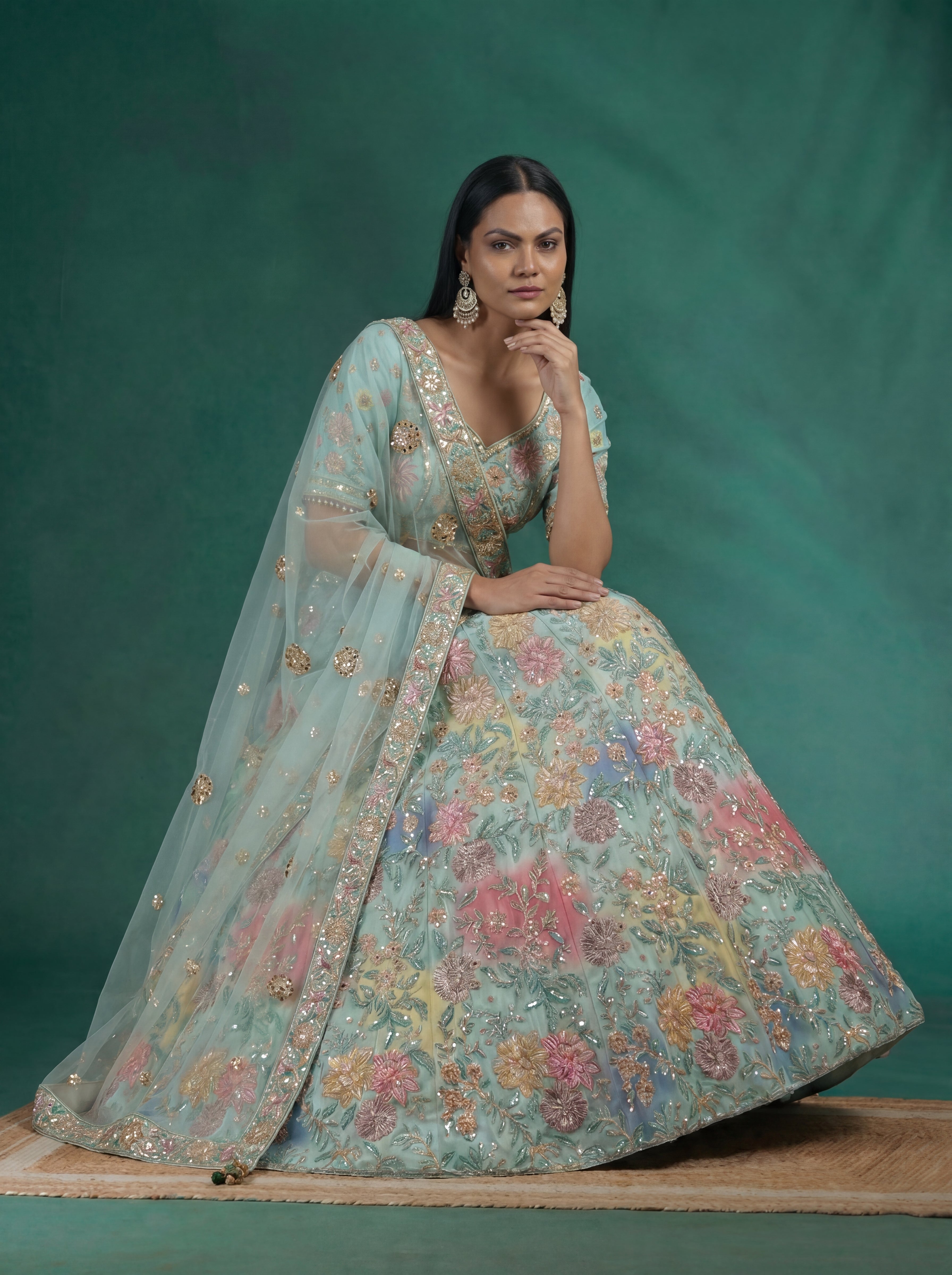 Mint Aqua Viscose Mirror Sequins Wedding Lehenga Choli Set