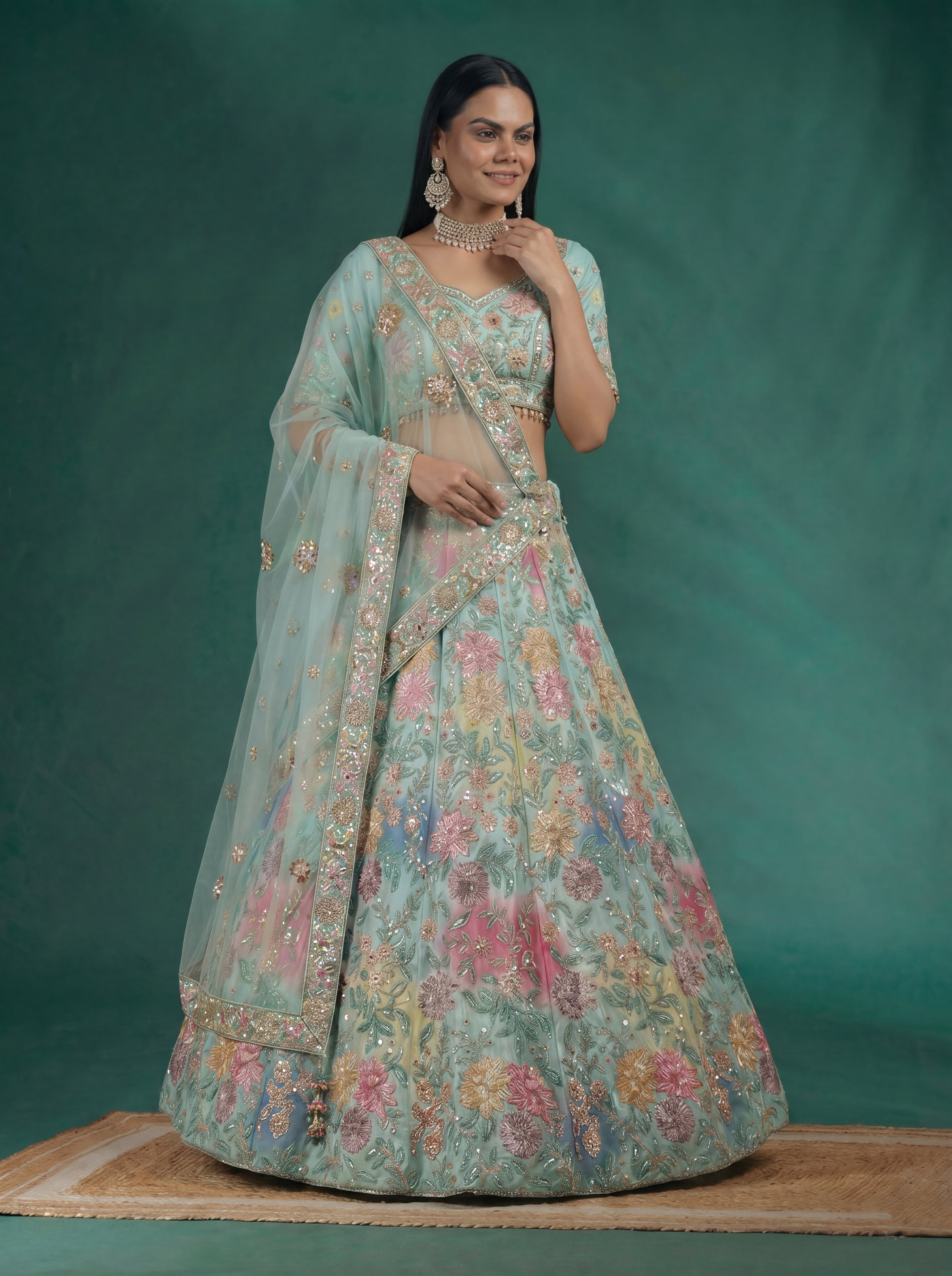 Mint Aqua Viscose Mirror Sequins Wedding Lehenga Choli Set