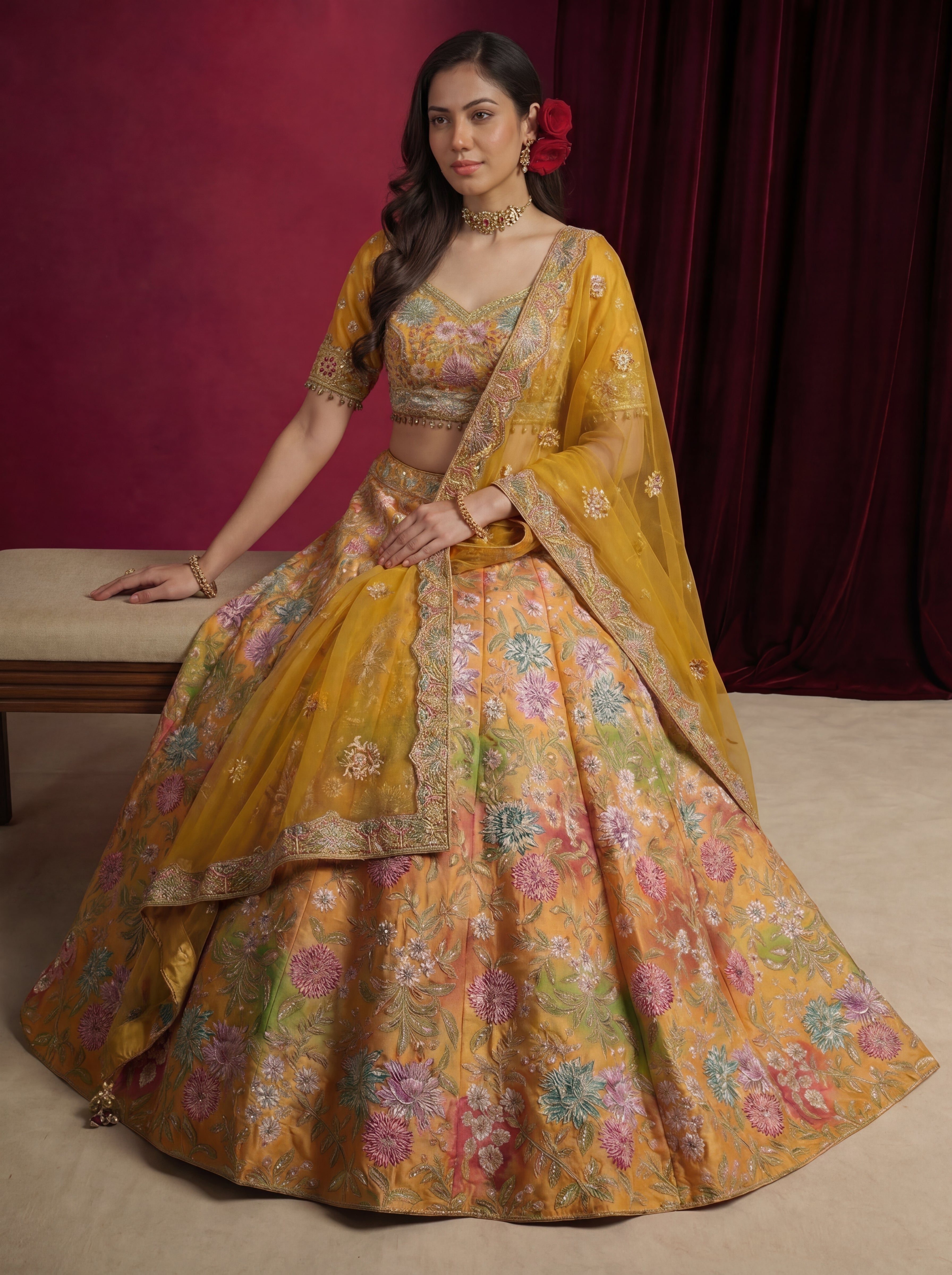 Mustard Yellow Viscose Mirror Sequins Bridal Lehenga Choli Set