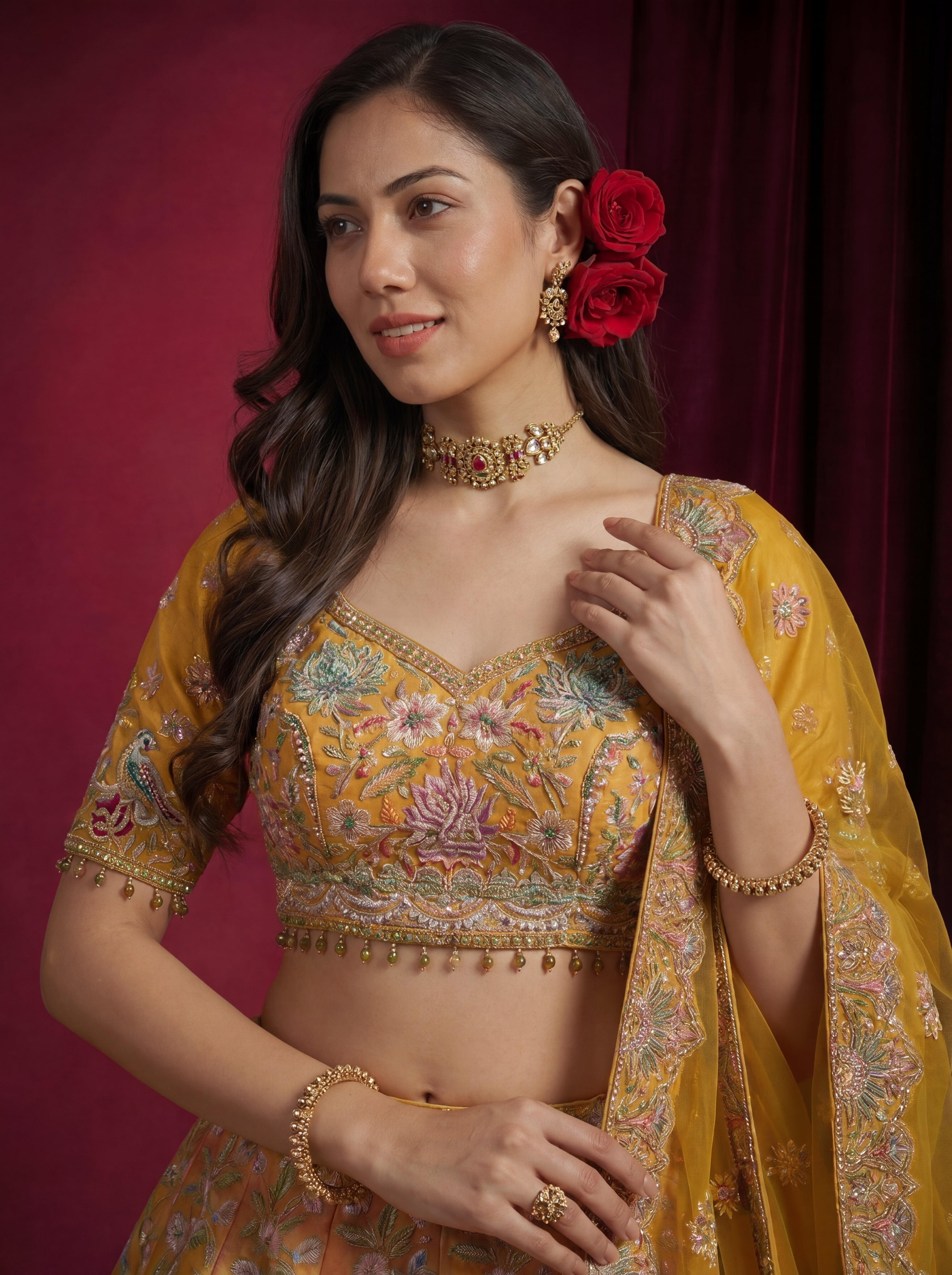 Mustard Yellow Viscose Mirror Sequins Bridal Lehenga Choli Set