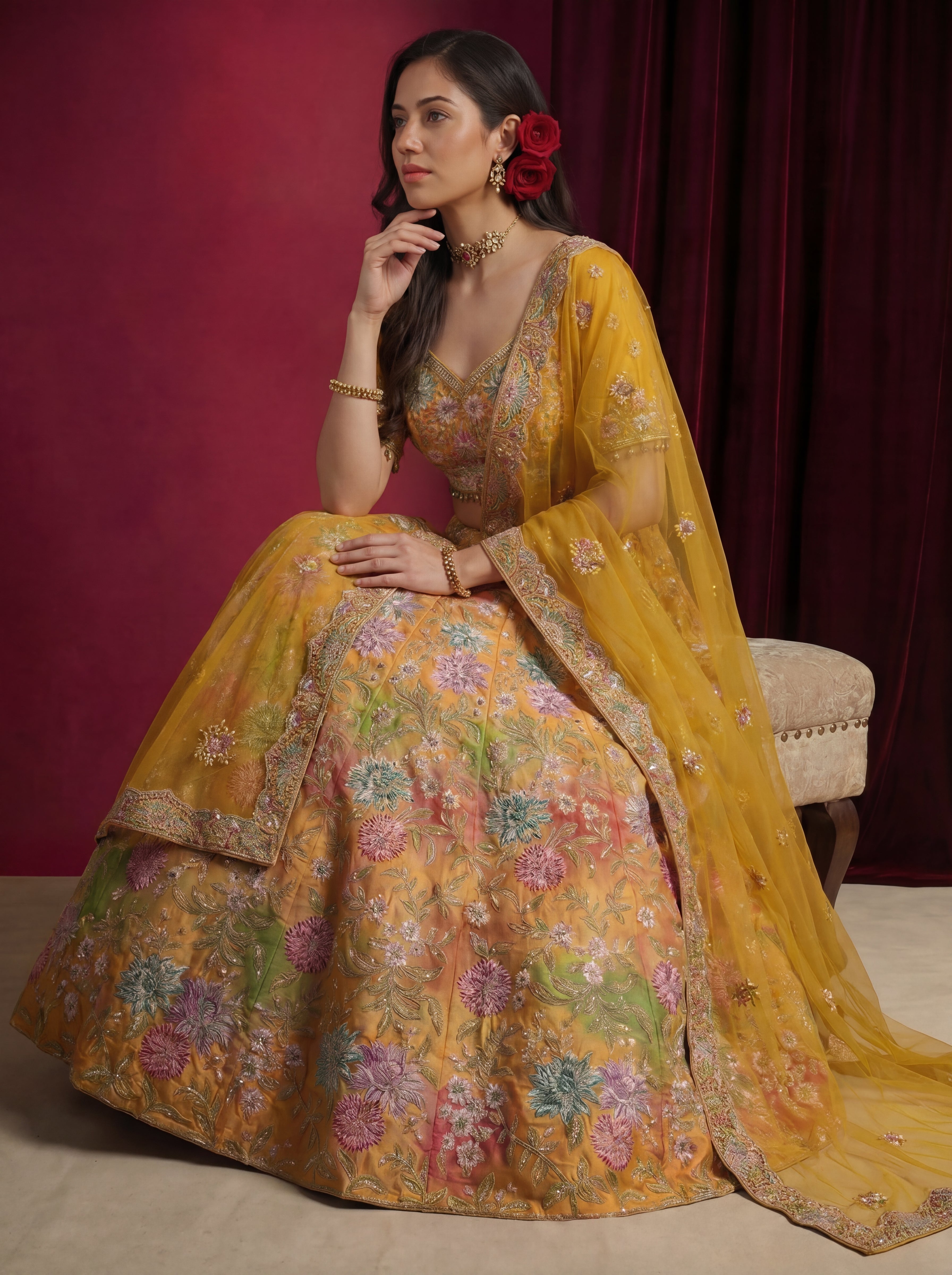 Mustard Yellow Viscose Mirror Sequins Bridal Lehenga Choli Set