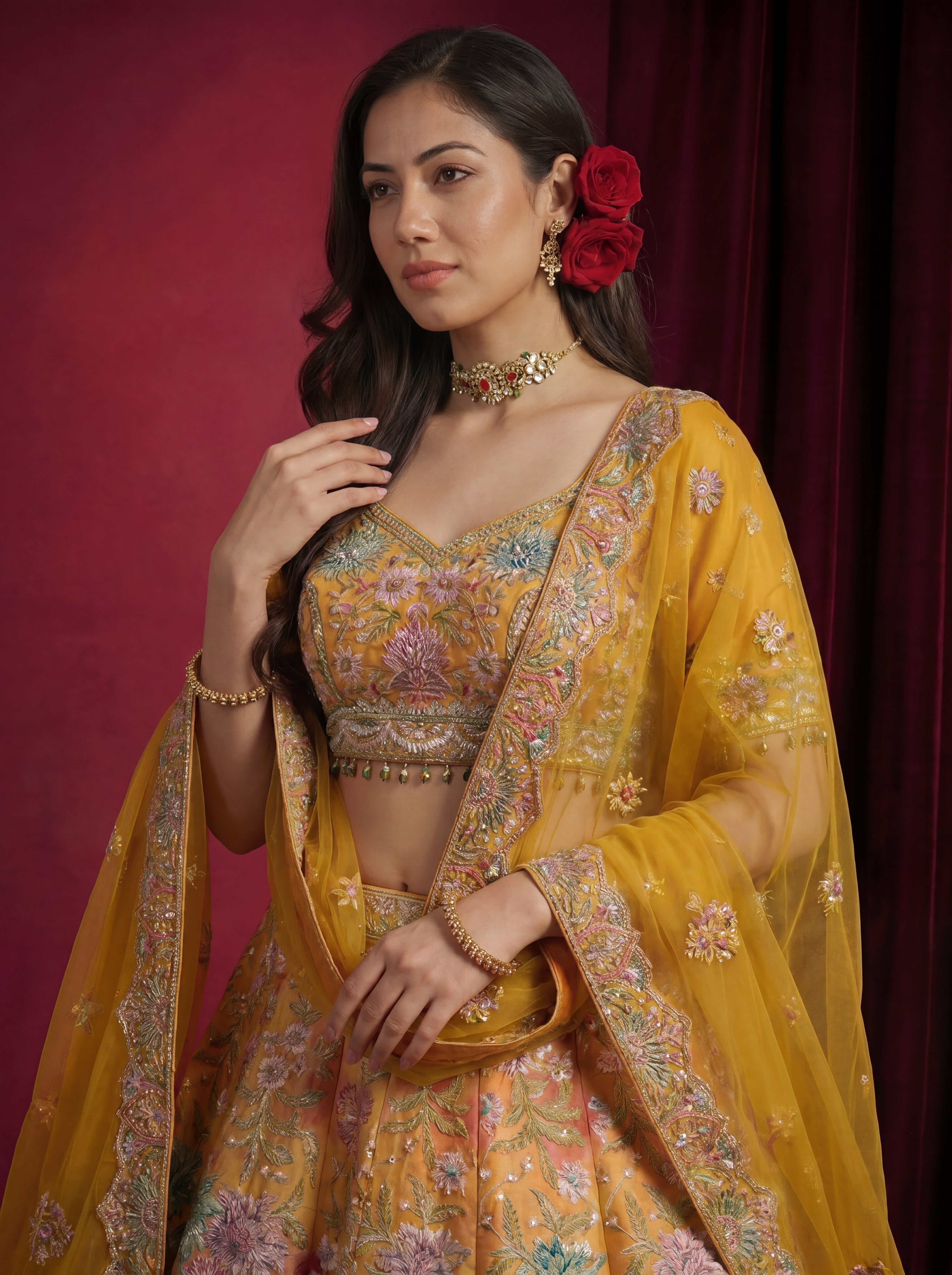 Mustard Yellow Viscose Mirror Sequins Bridal Lehenga Choli Set