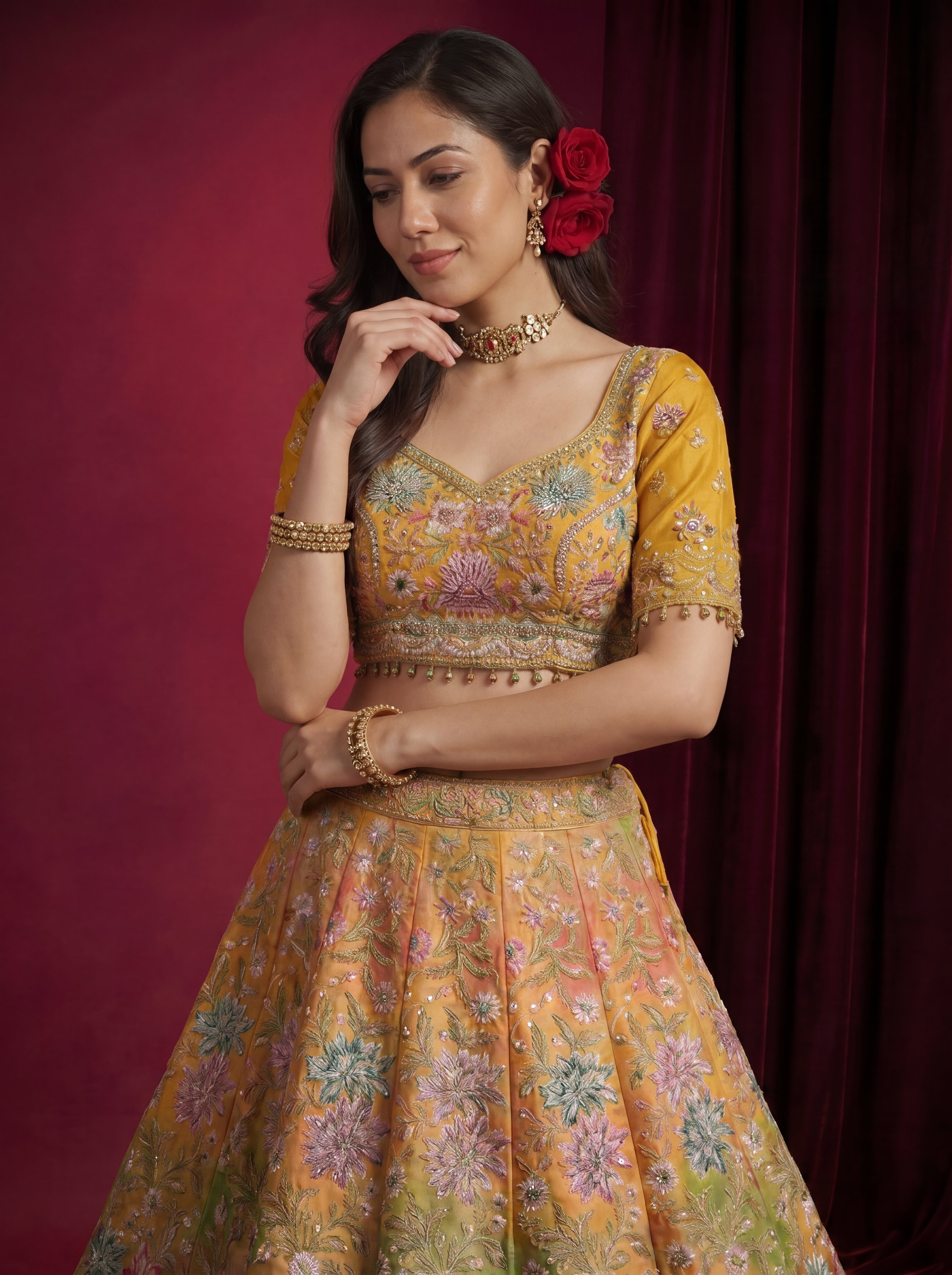 Mustard Yellow Viscose Mirror Sequins Bridal Lehenga Choli Set