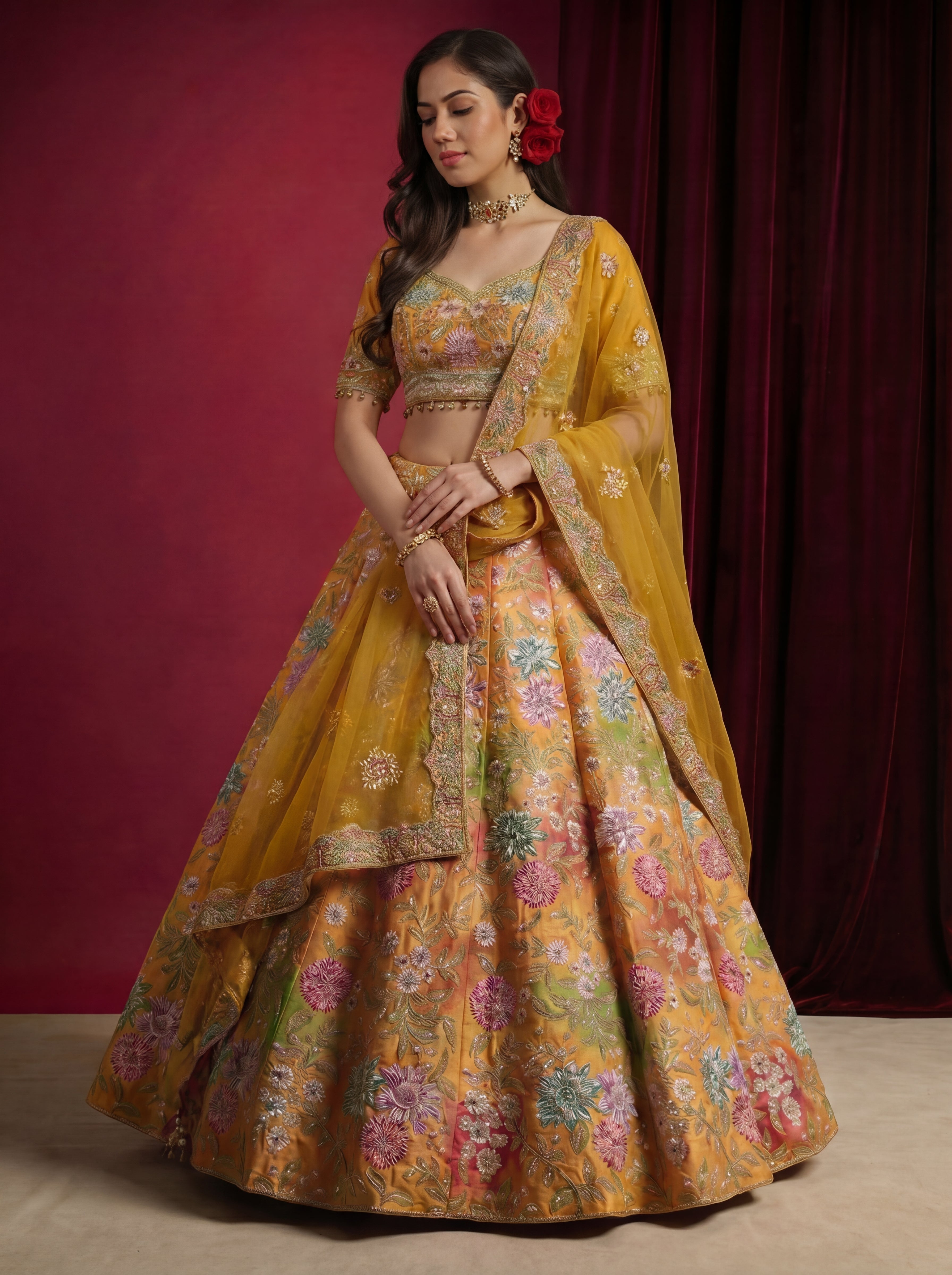 Mustard Yellow Viscose Mirror Sequins Bridal Lehenga Choli Set