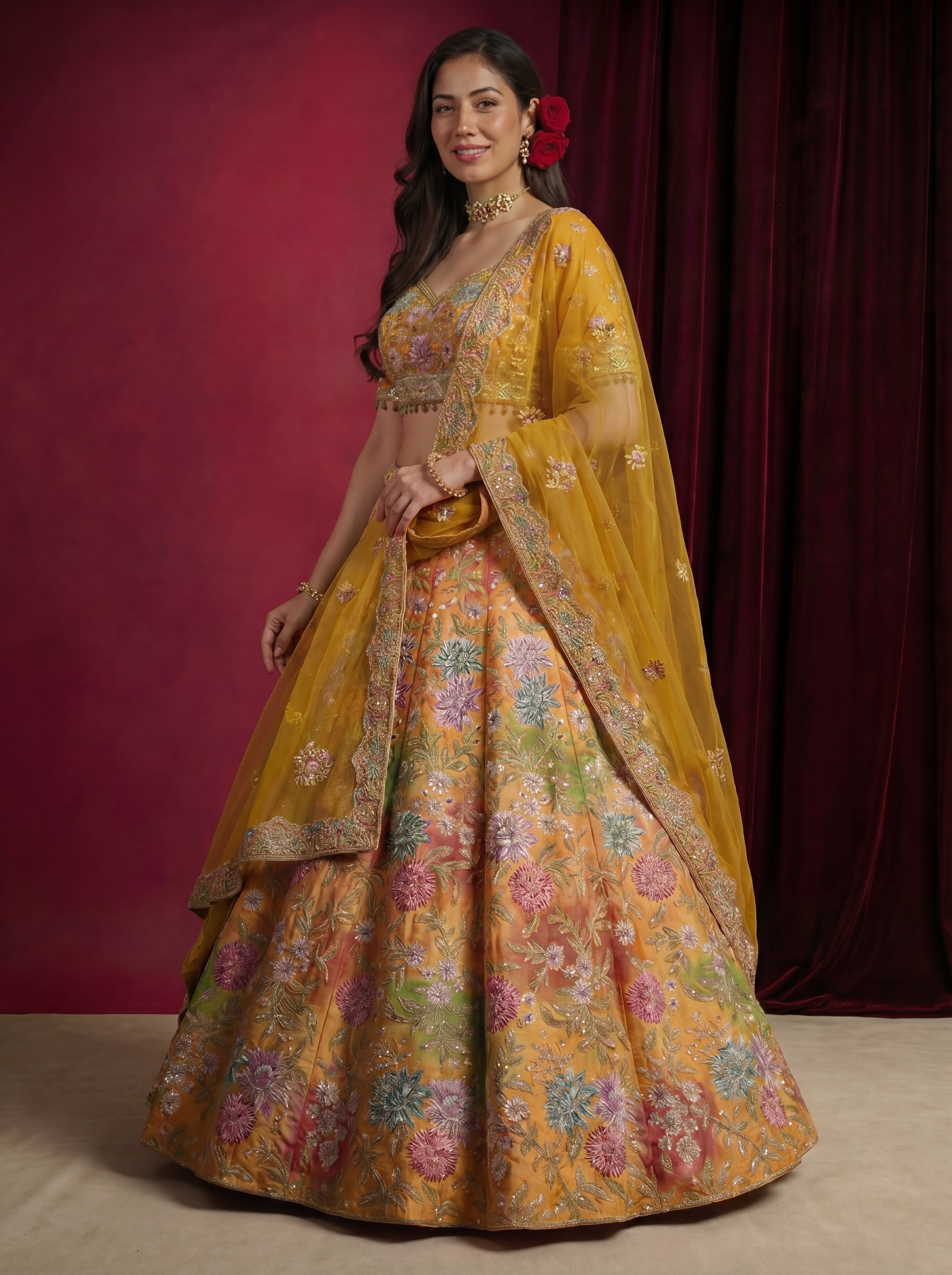 Mustard Yellow Viscose Mirror Sequins Bridal Lehenga Choli Set