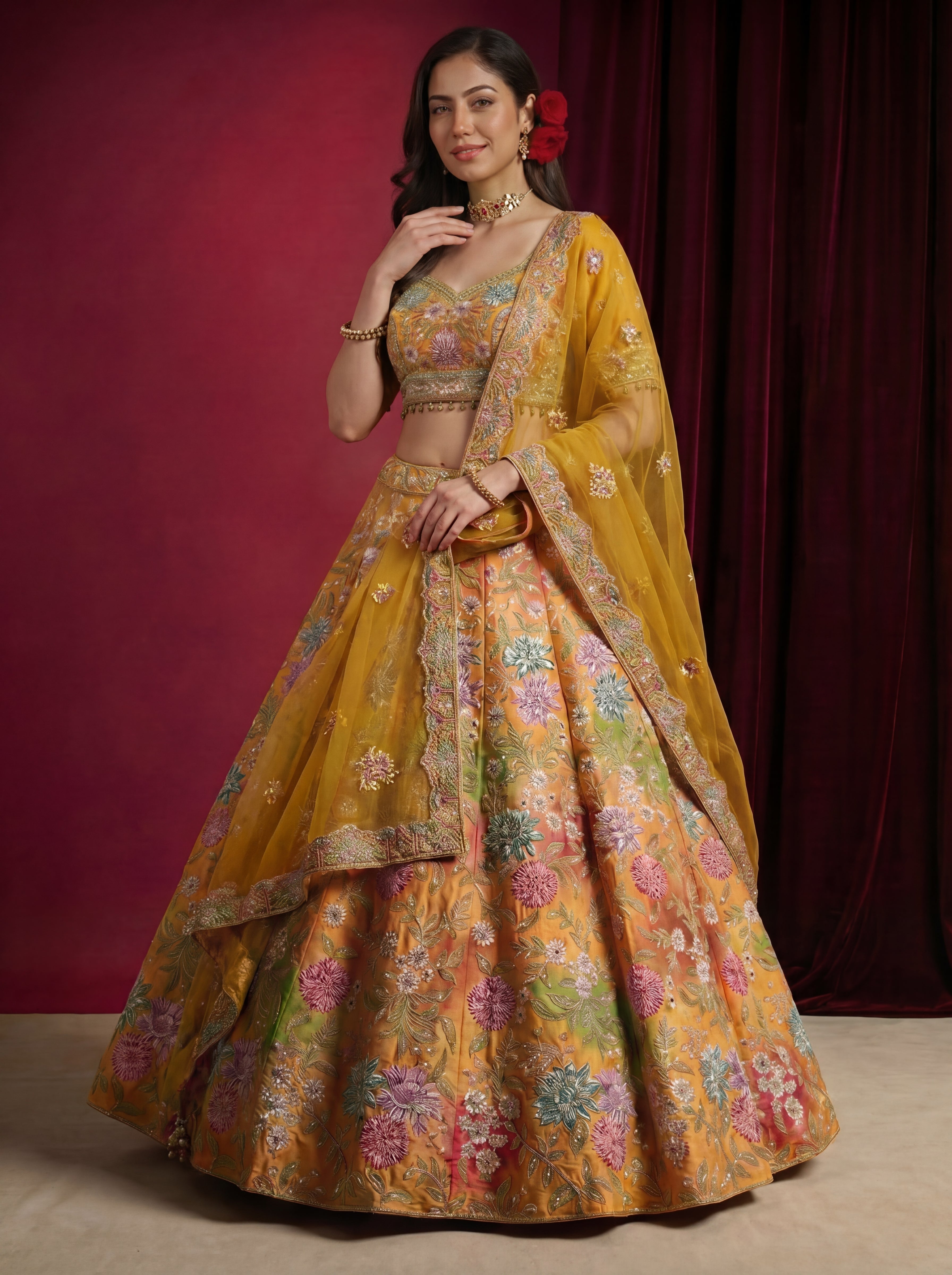 Mustard Yellow Viscose Mirror Sequins Bridal Lehenga Choli Set