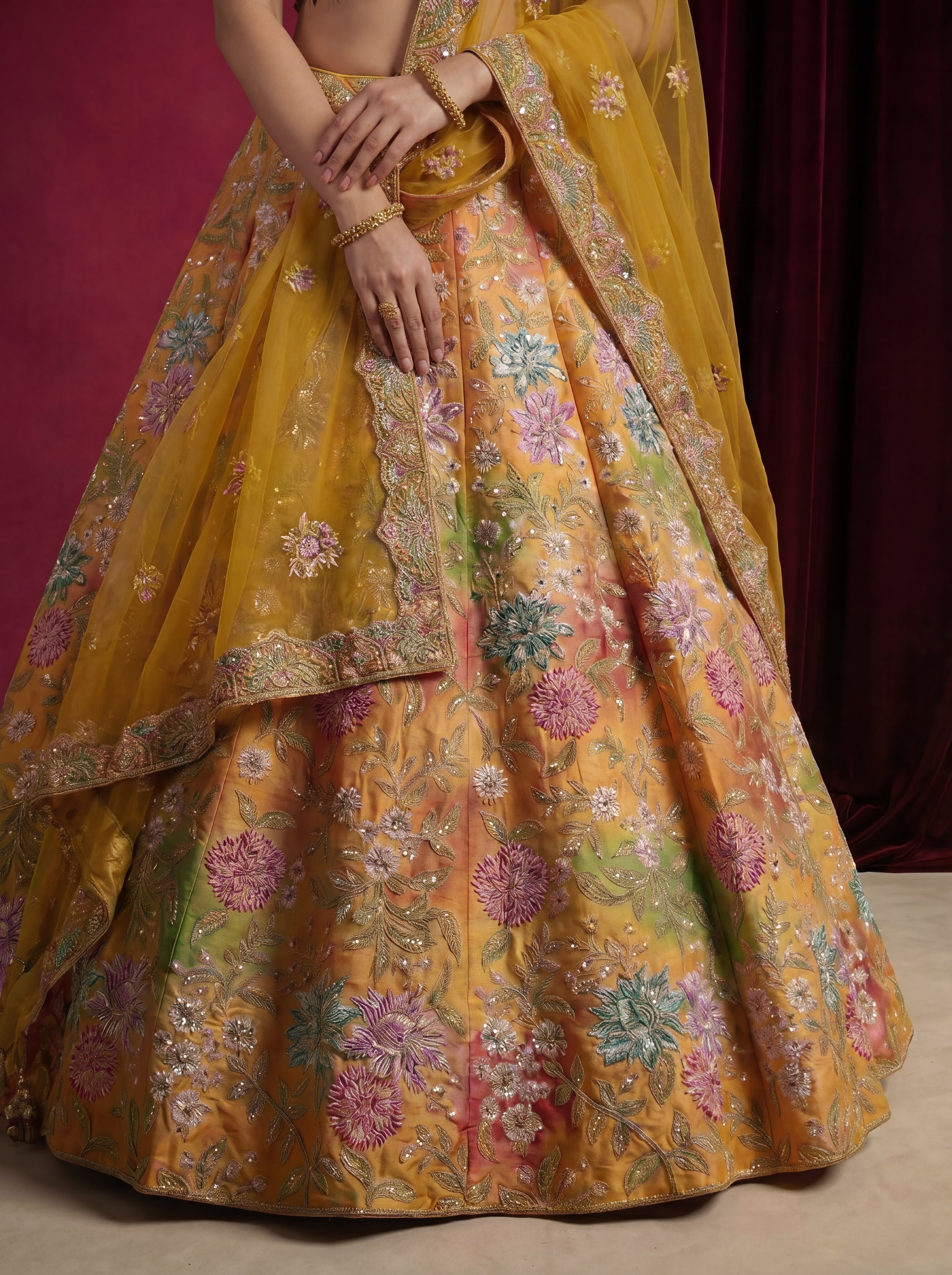 Mustard Yellow Viscose Mirror Sequins Bridal Lehenga Choli Set