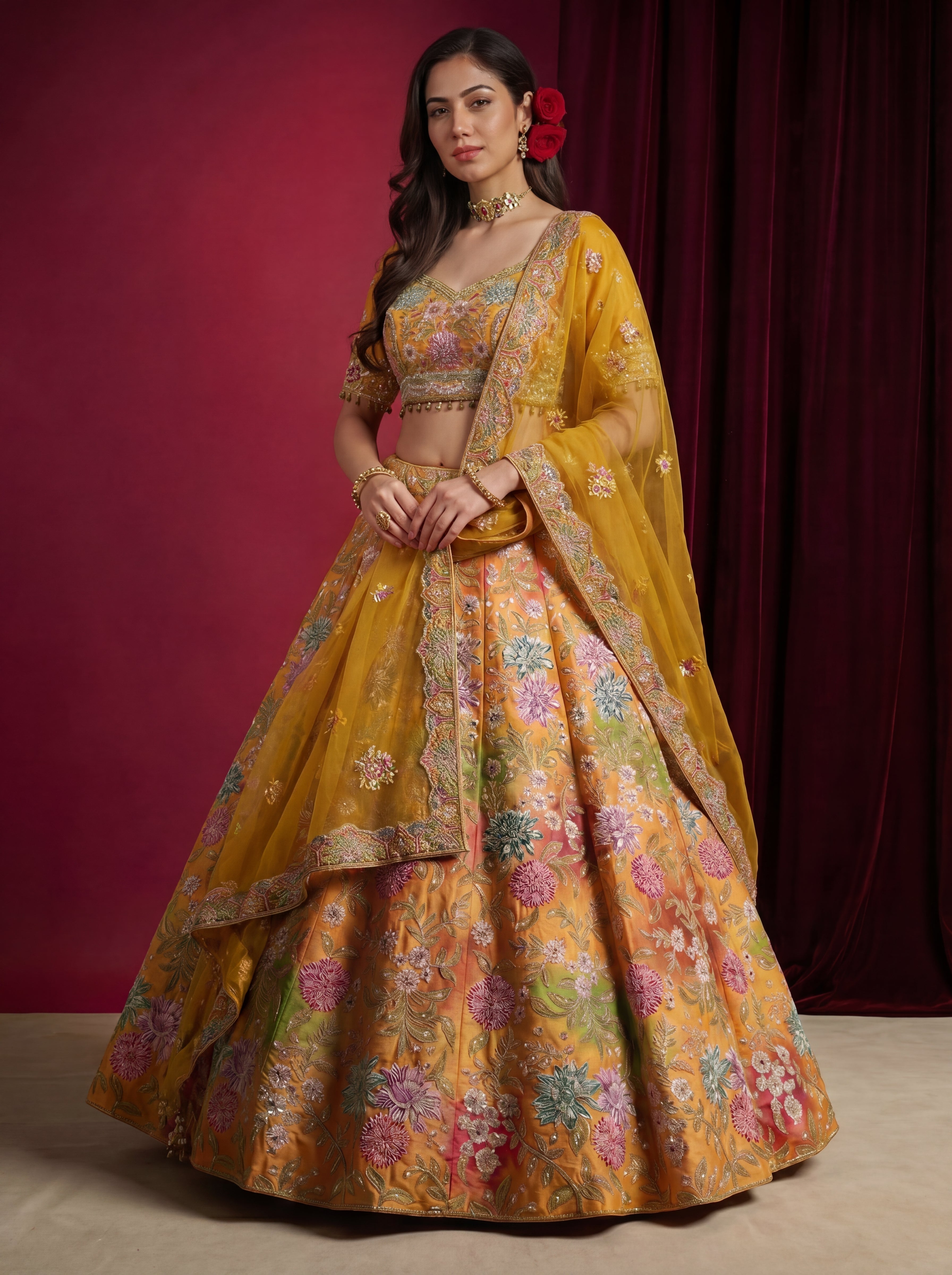 Mustard Yellow Viscose Mirror Sequins Bridal Lehenga Choli Set