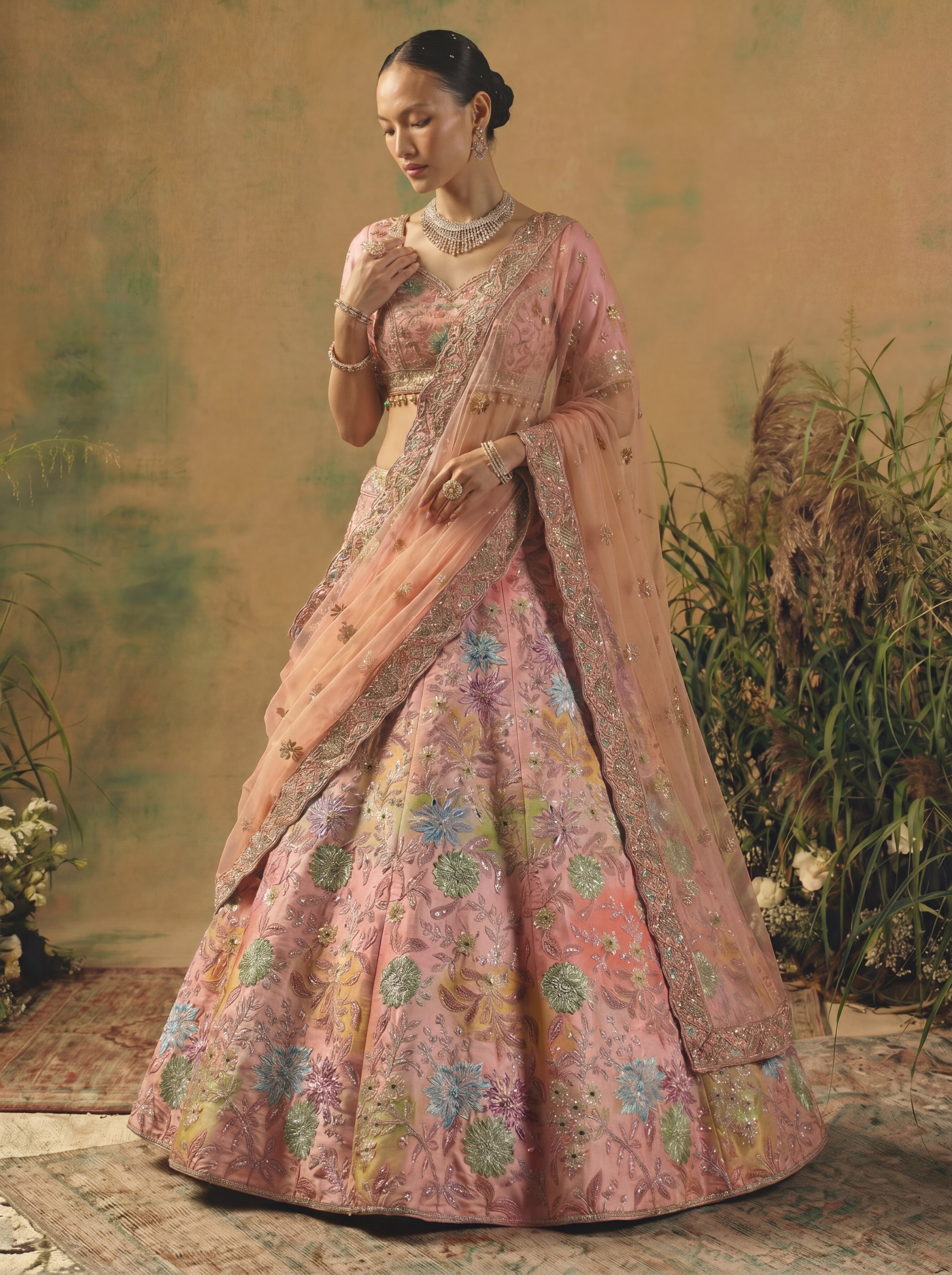Blush Pink Viscose Mirror Sequins Wedding Lehenga Choli Set