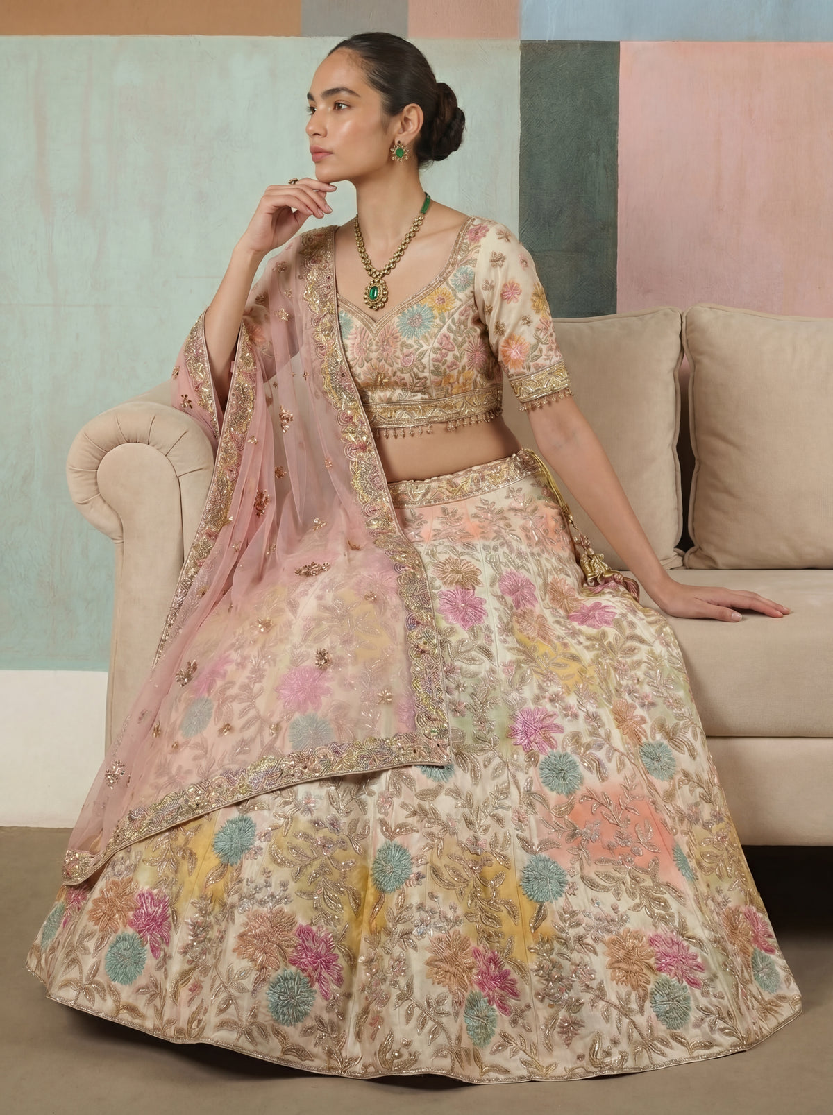 Off White Viscose Position Printed Mirror Sequins Bridal Lehenga Choli Set
