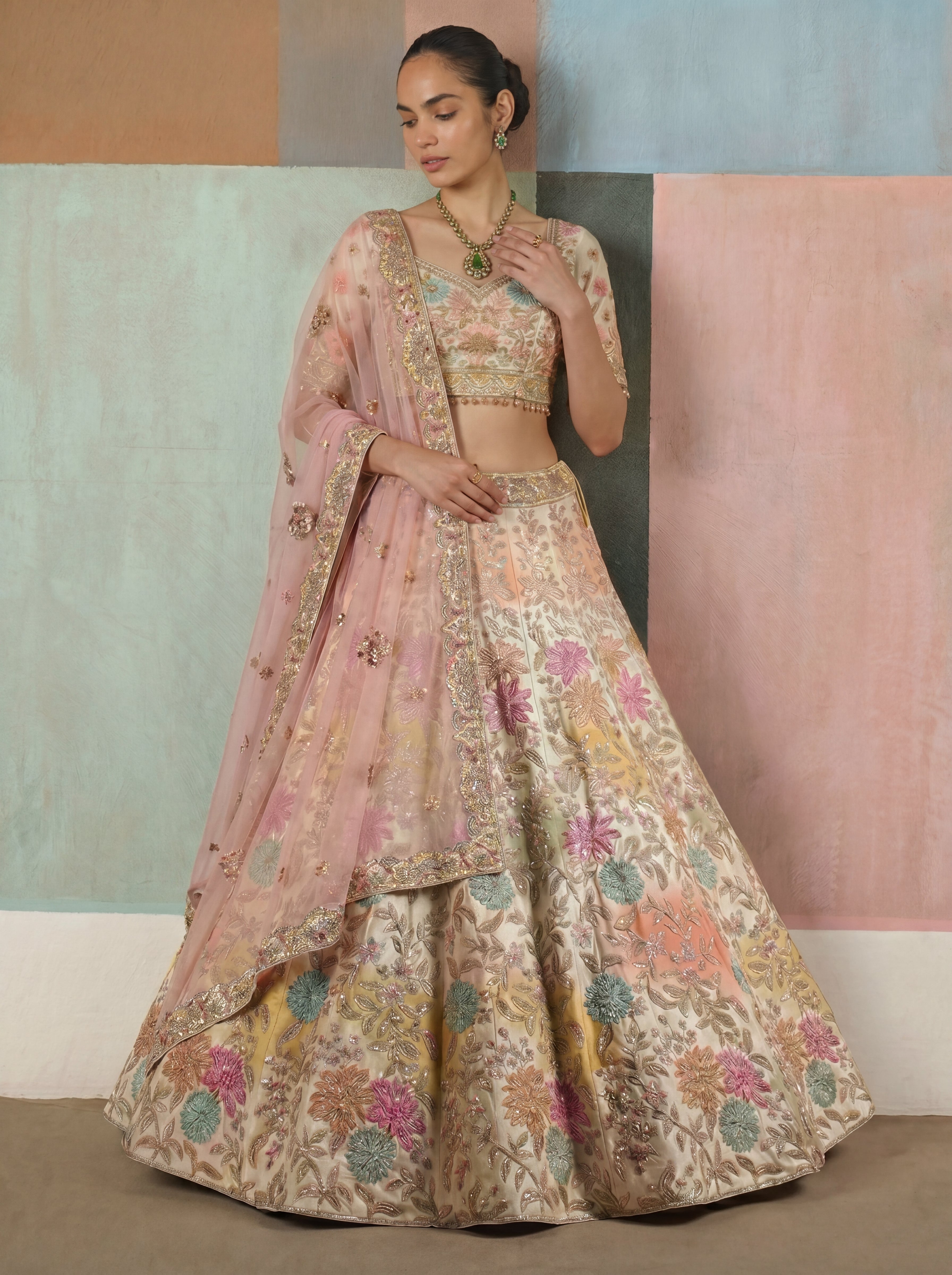 Off White Viscose Position Printed Mirror Sequins Bridal Lehenga Choli Set