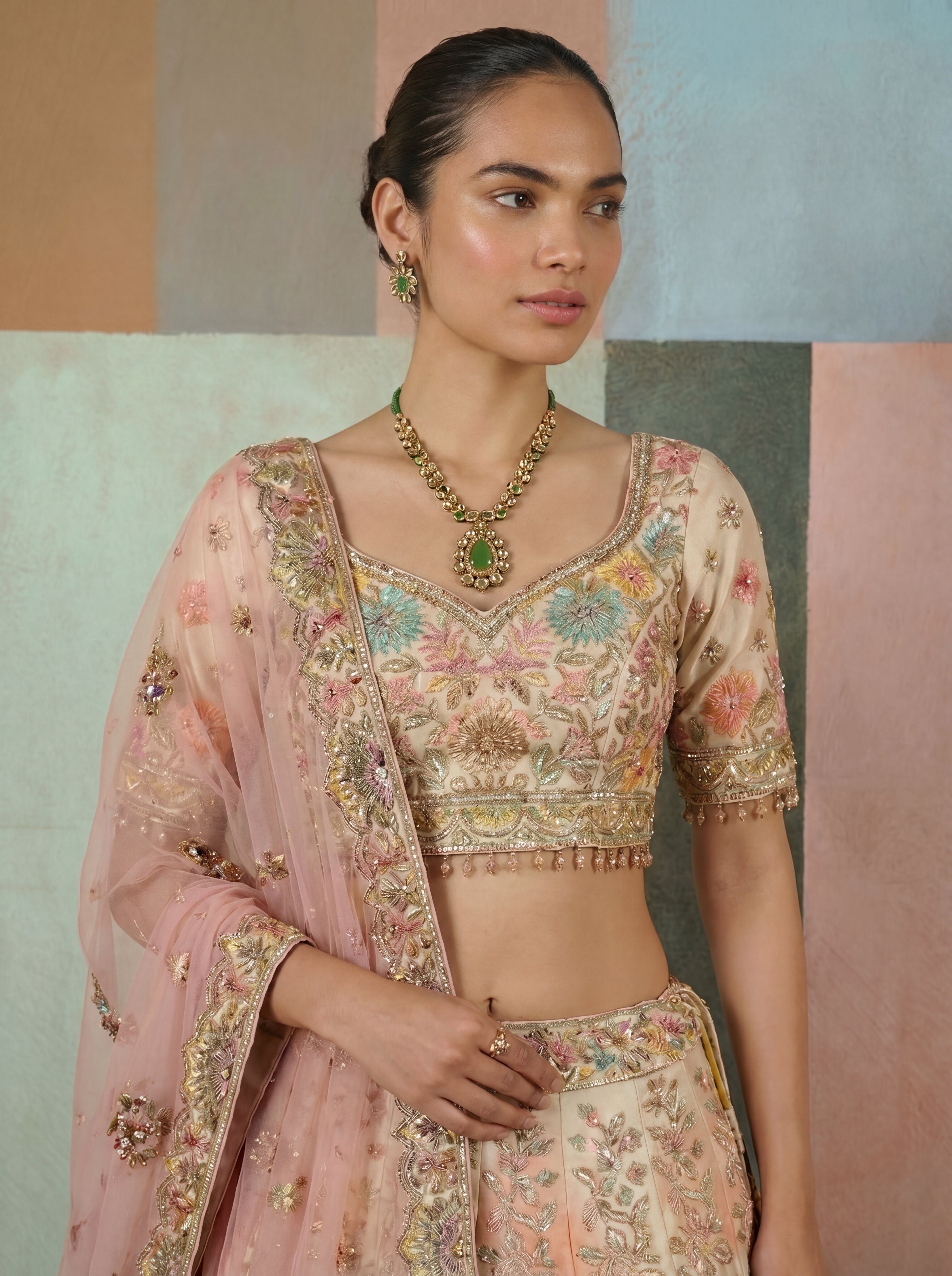 Off White Viscose Position Printed Mirror Sequins Bridal Lehenga Choli Set
