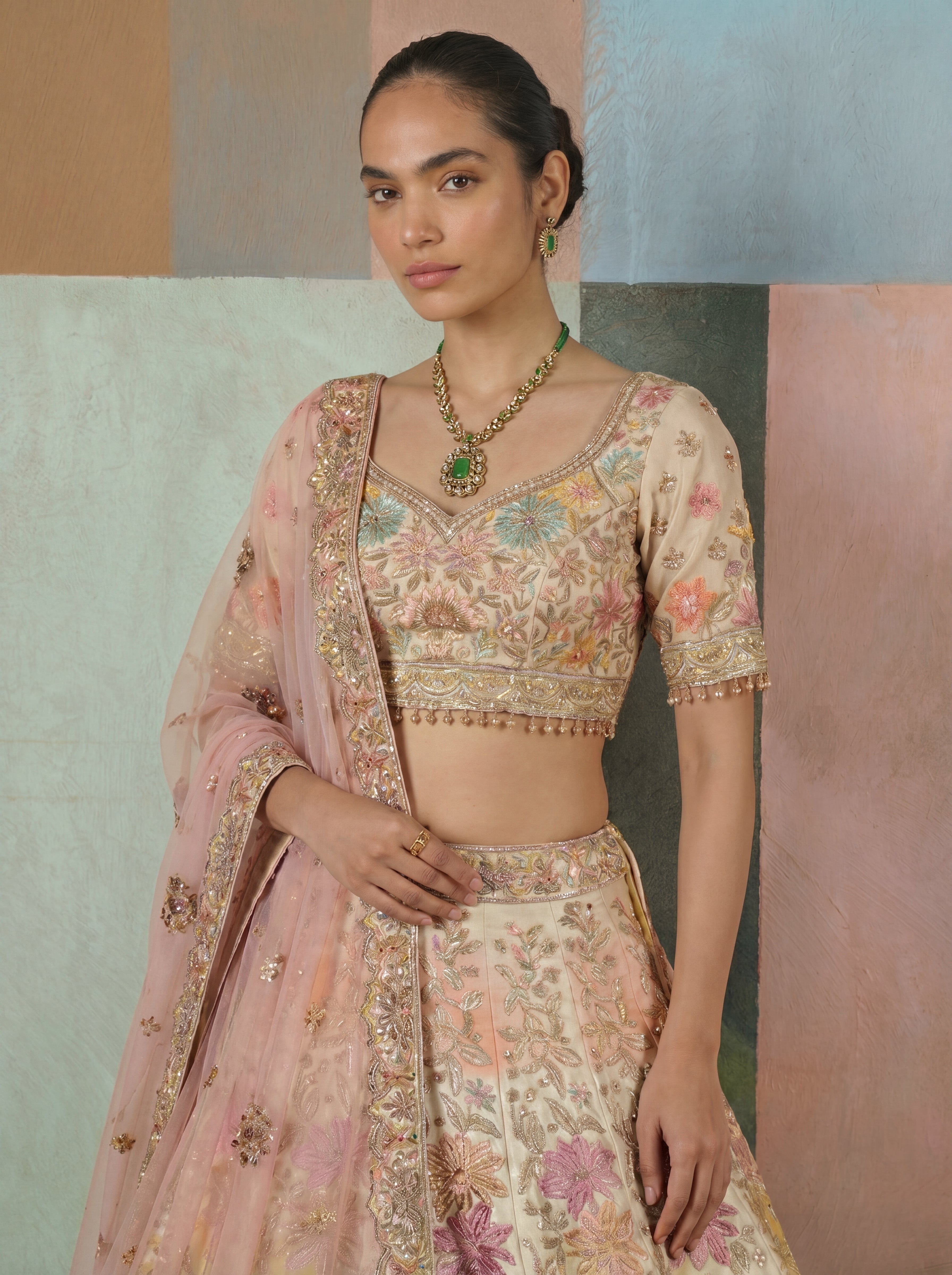 Off White Viscose Position Printed Mirror Sequins Bridal Lehenga Choli Set