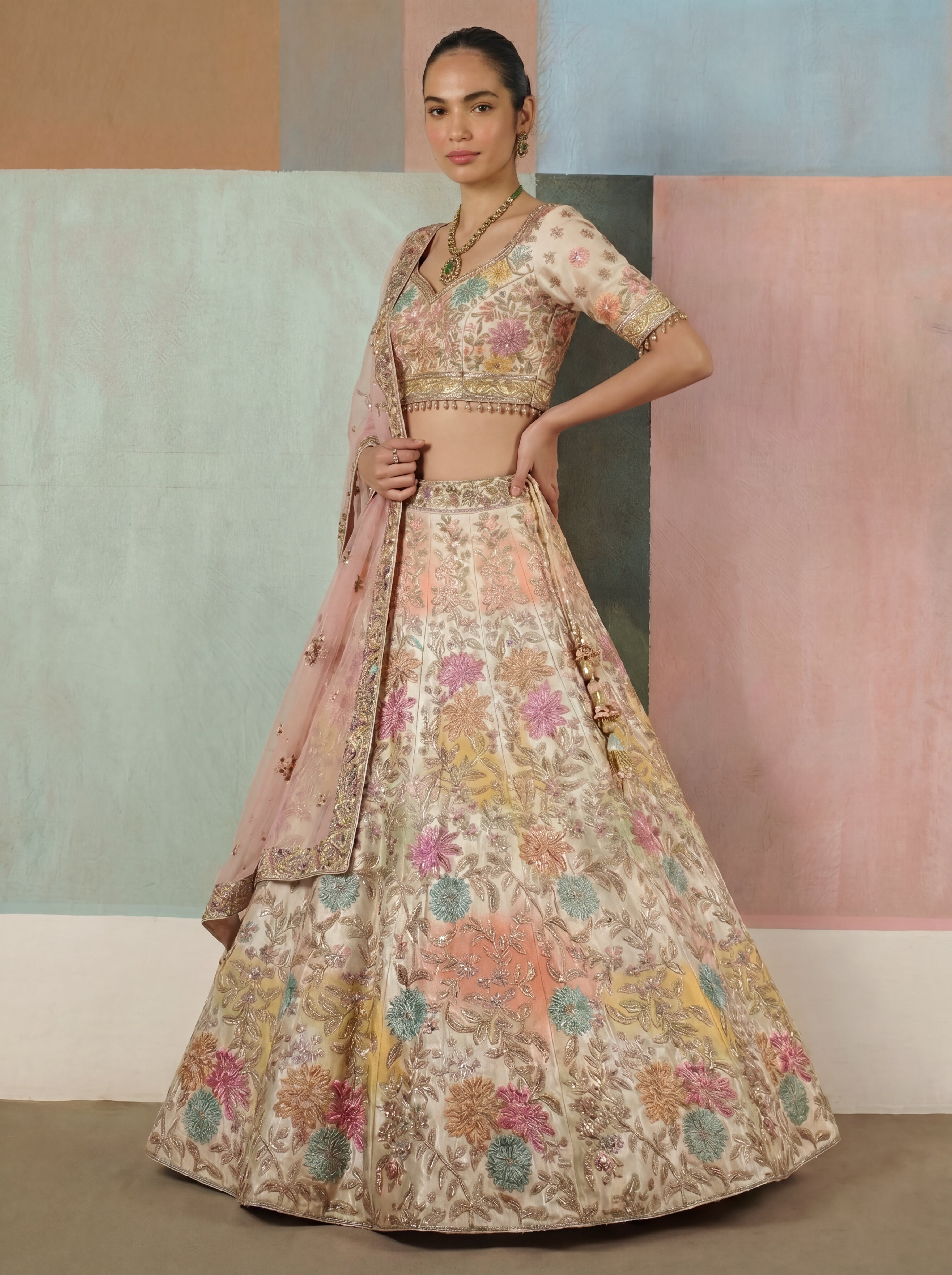 Off White Viscose Position Printed Mirror Sequins Bridal Lehenga Choli Set