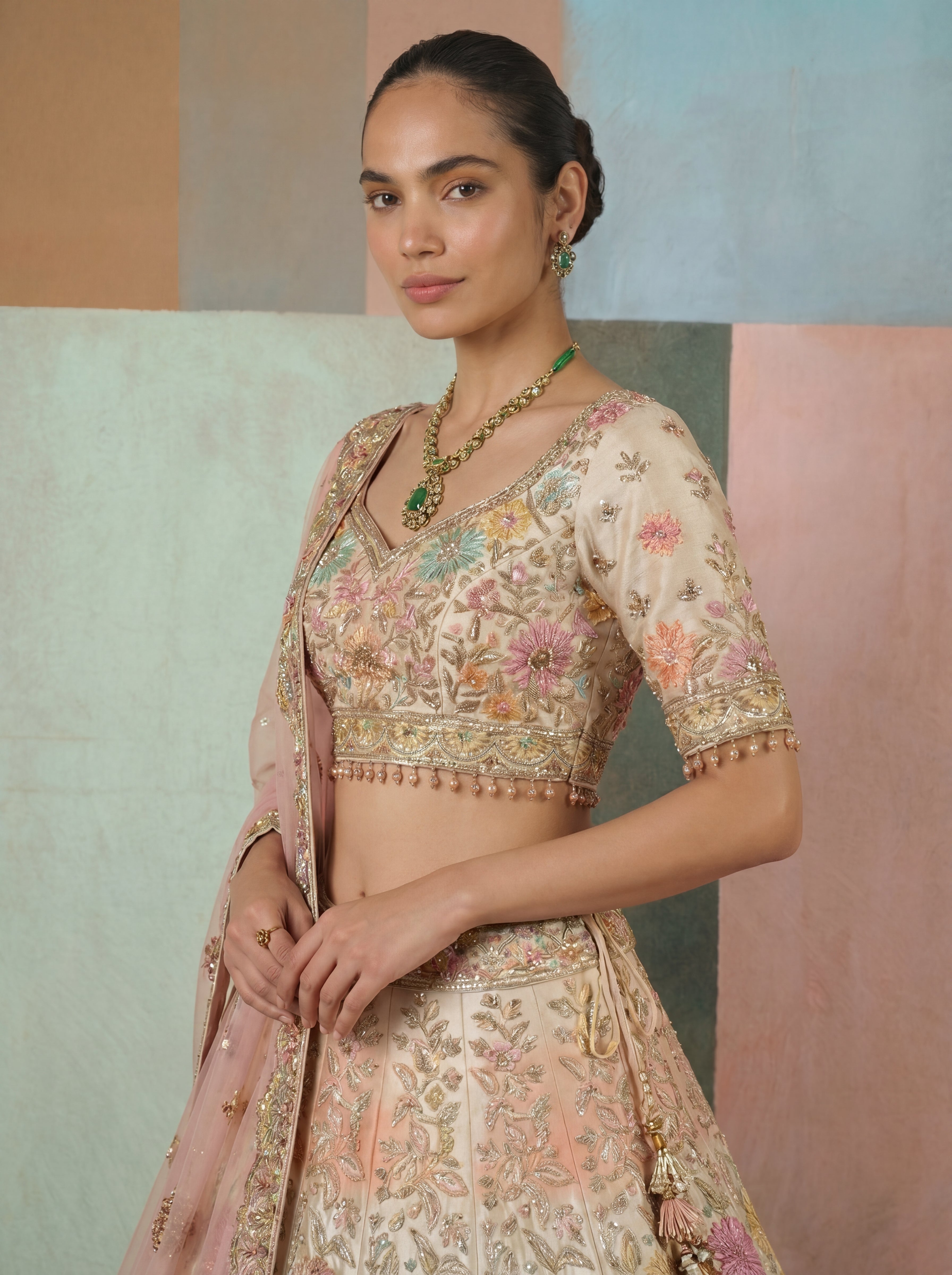 Off White Viscose Position Printed Mirror Sequins Bridal Lehenga Choli Set