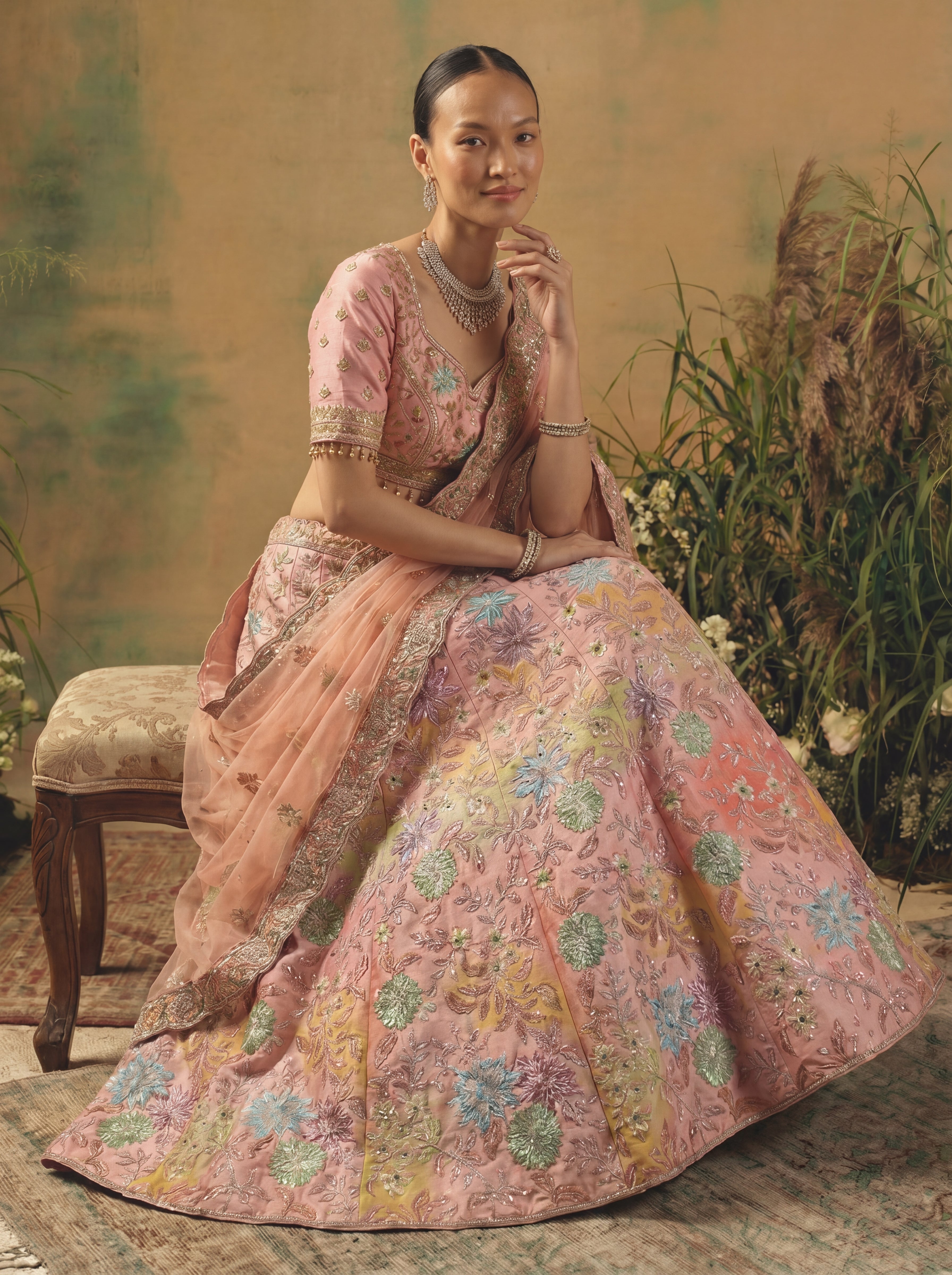 Blush Pink Viscose Mirror Sequins Wedding Lehenga Choli Set