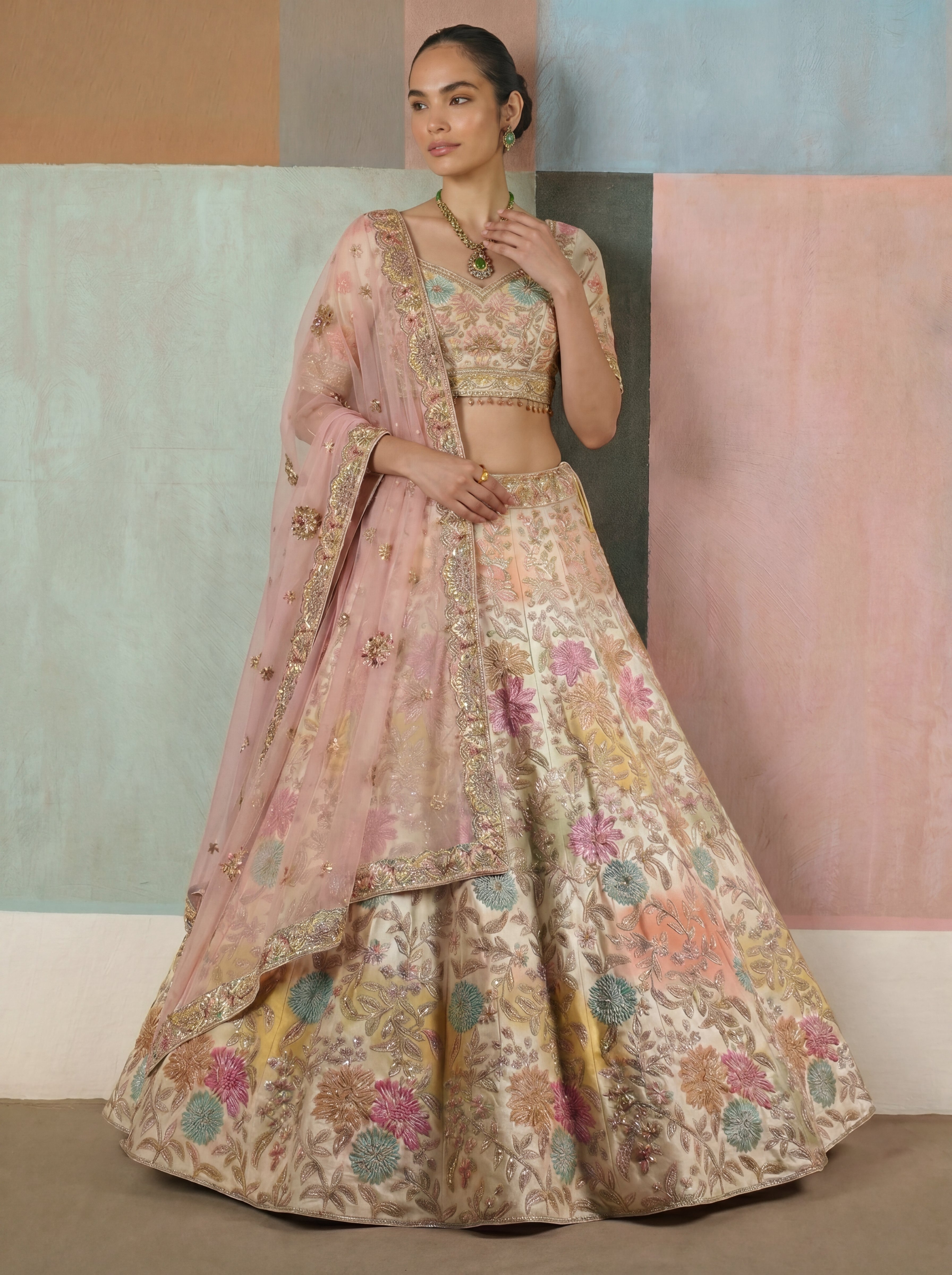 Off White Viscose Position Printed Mirror Sequins Bridal Lehenga Choli Set