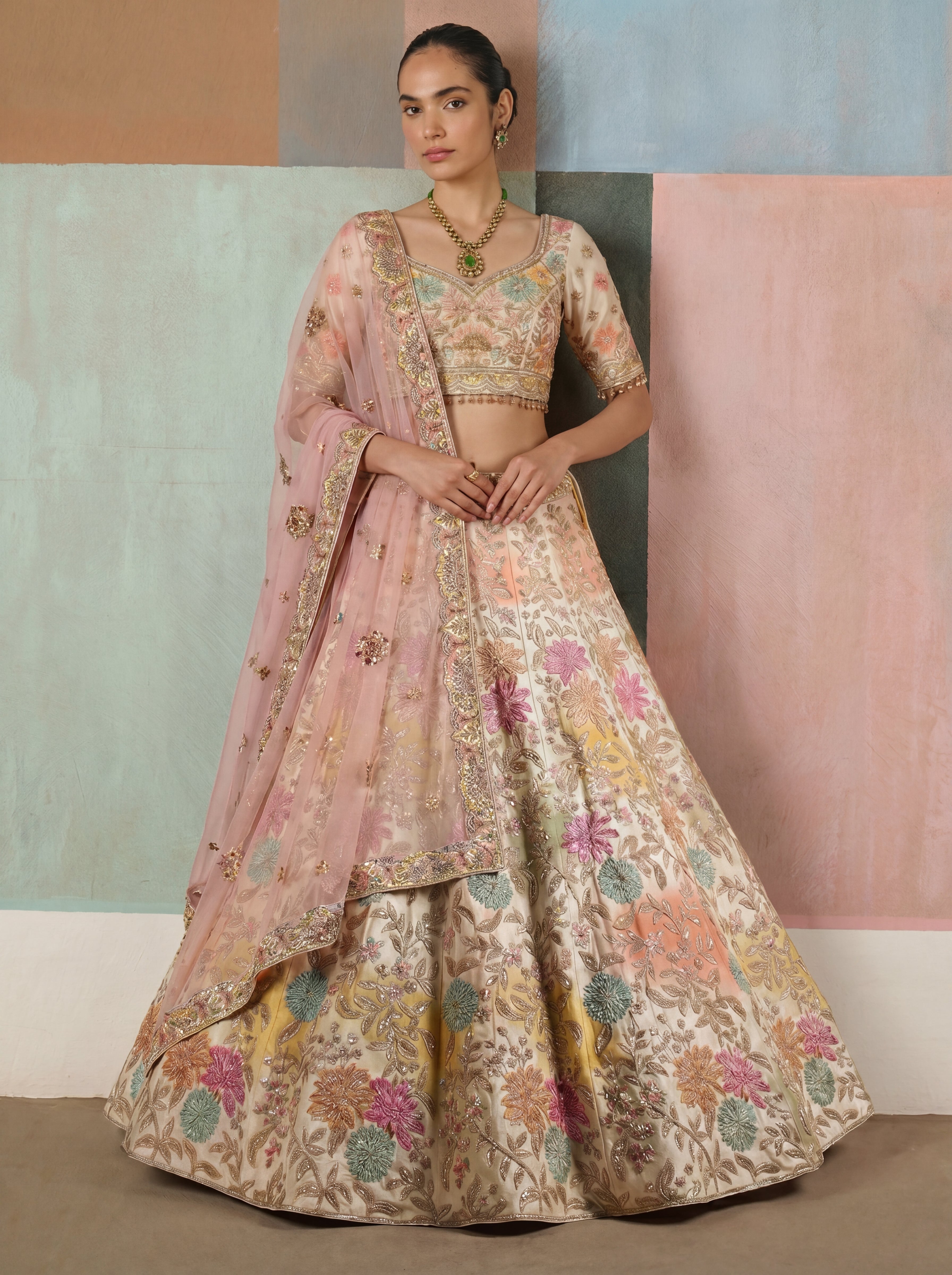 Off White Viscose Position Printed Mirror Sequins Bridal Lehenga Choli Set