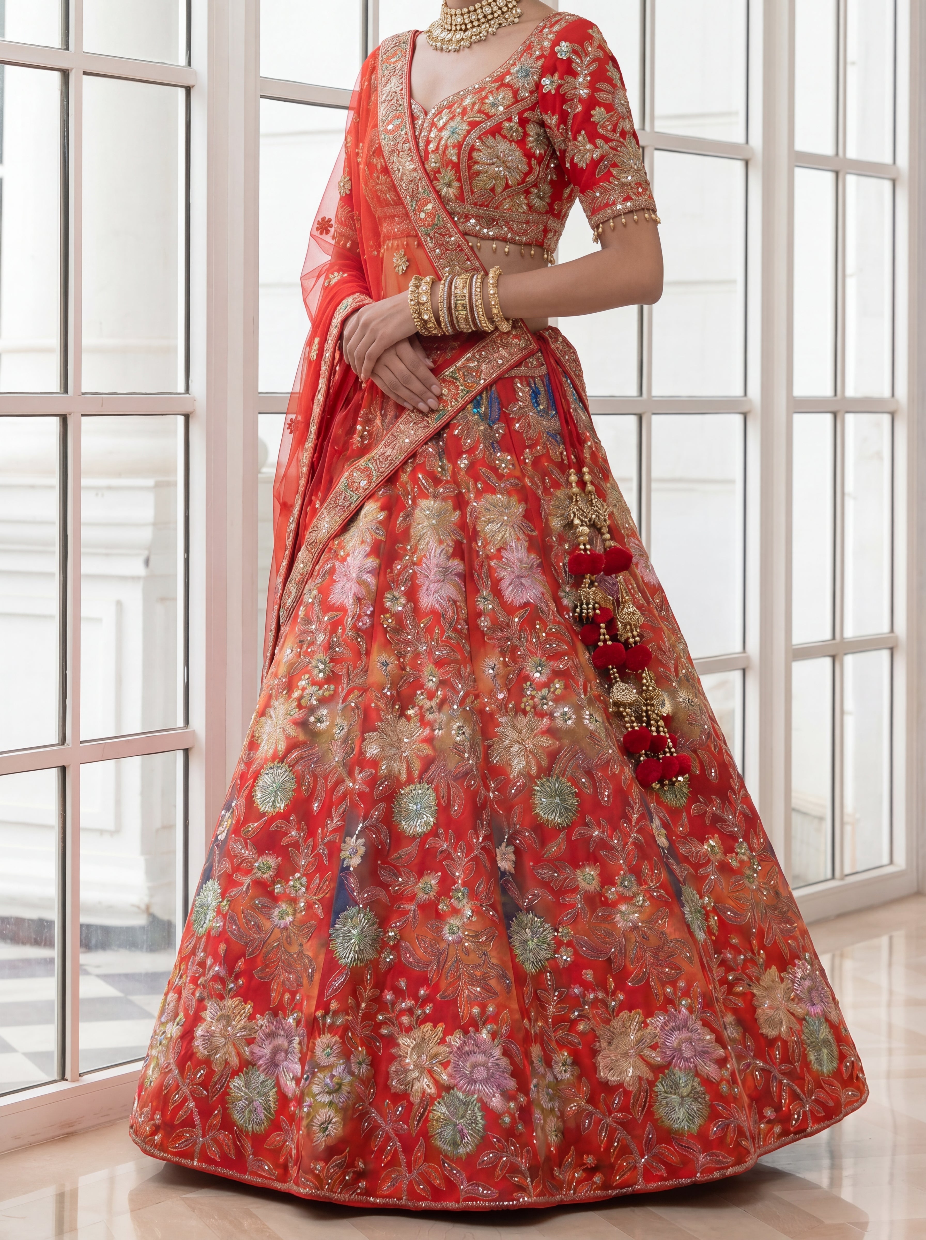 Coral Red Viscose Mirror Sequins Bridal Lehenga Choli Set