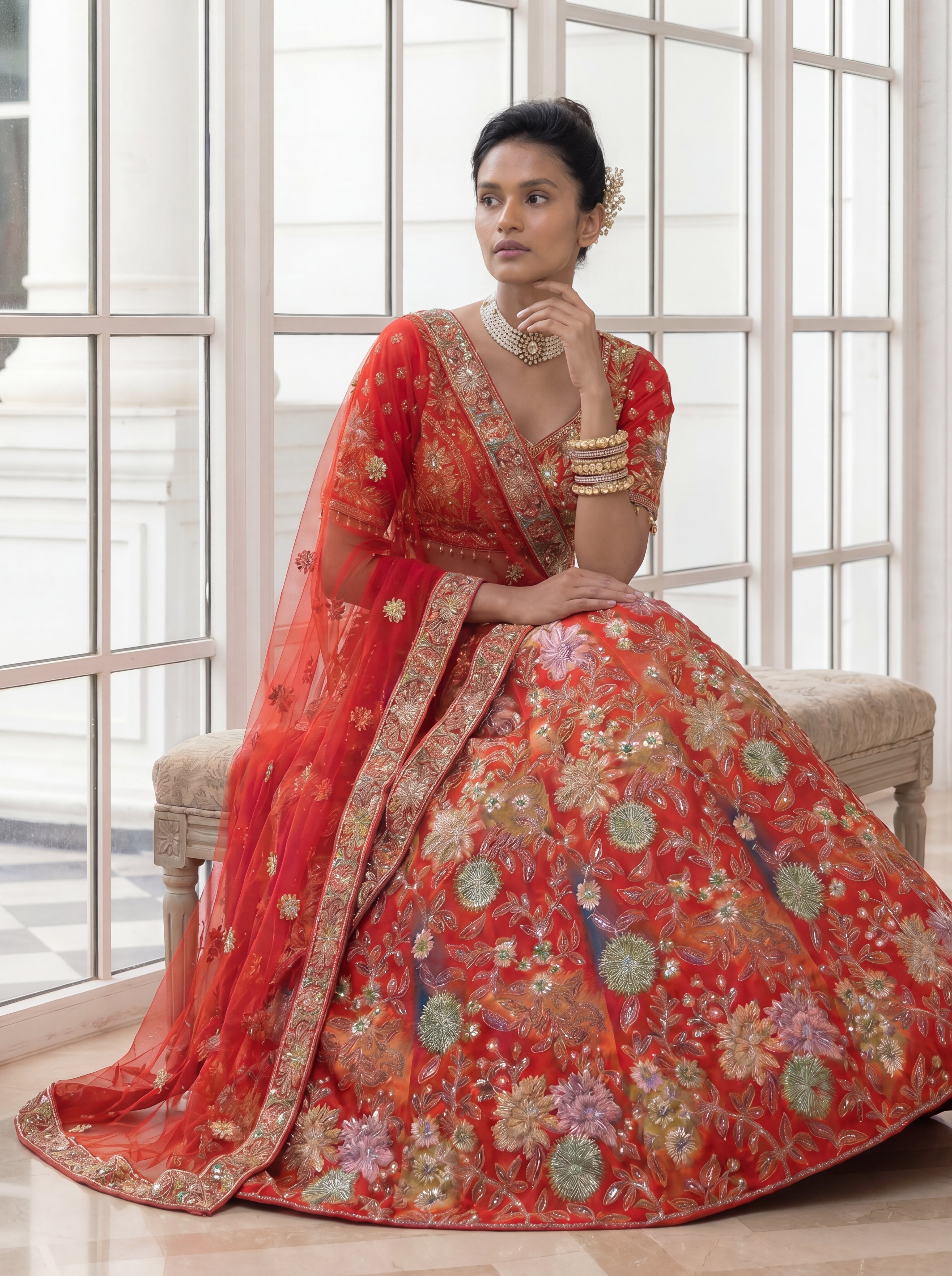 Coral Red Viscose Mirror Sequins Bridal Lehenga Choli Set