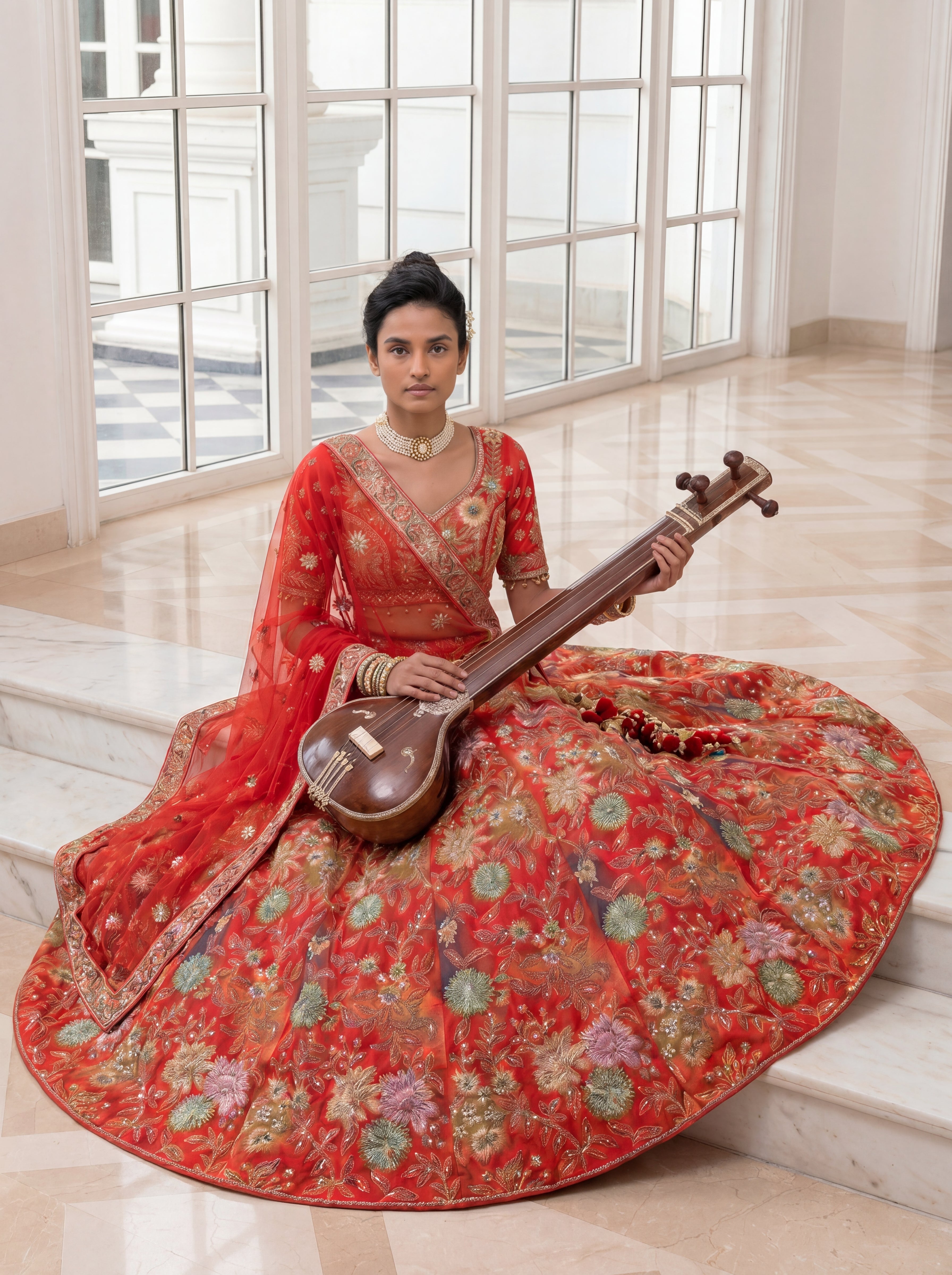 Coral Red Viscose Mirror Sequins Bridal Lehenga Choli Set