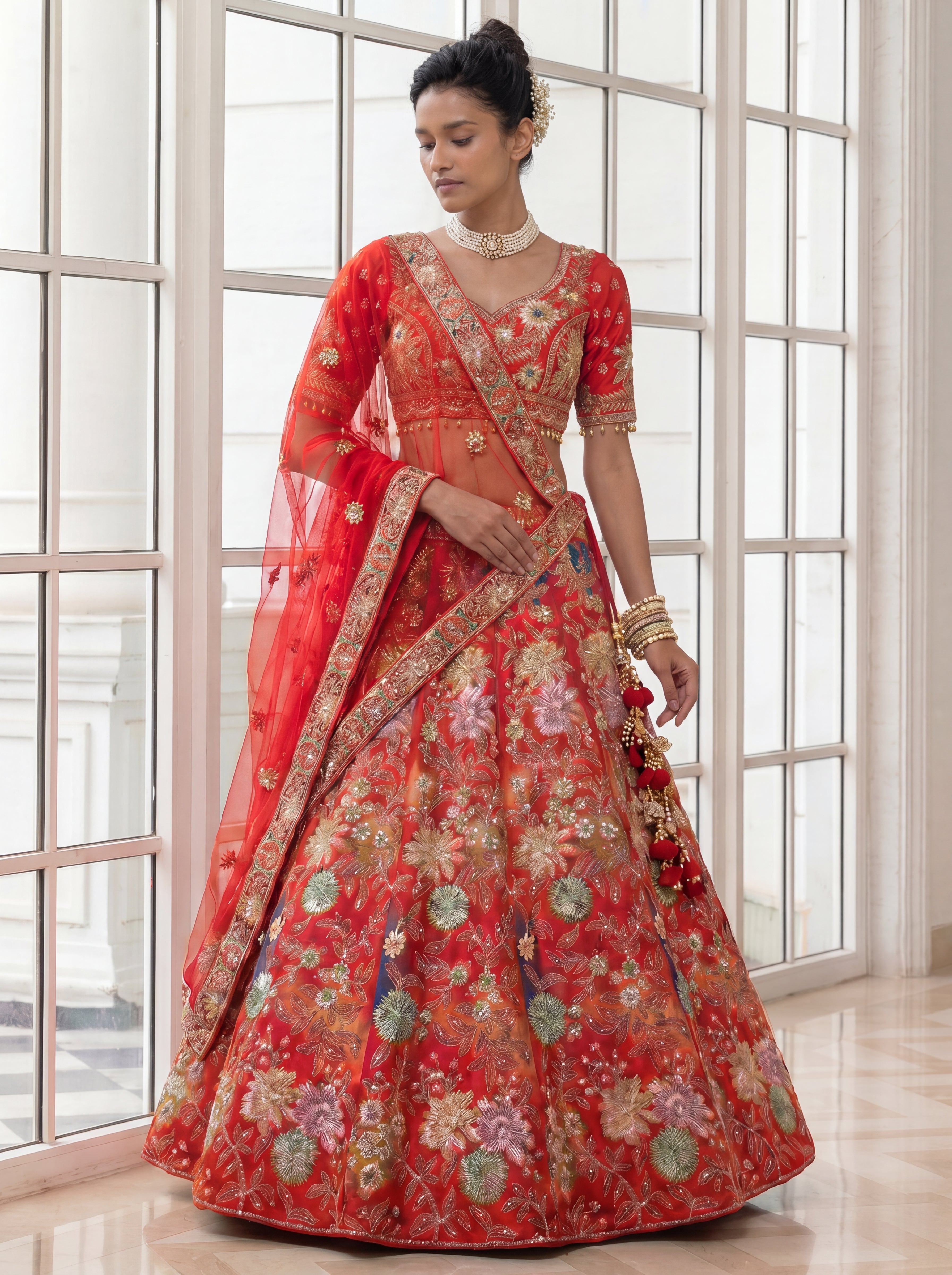 Coral Red Viscose Mirror Sequins Bridal Lehenga Choli Set