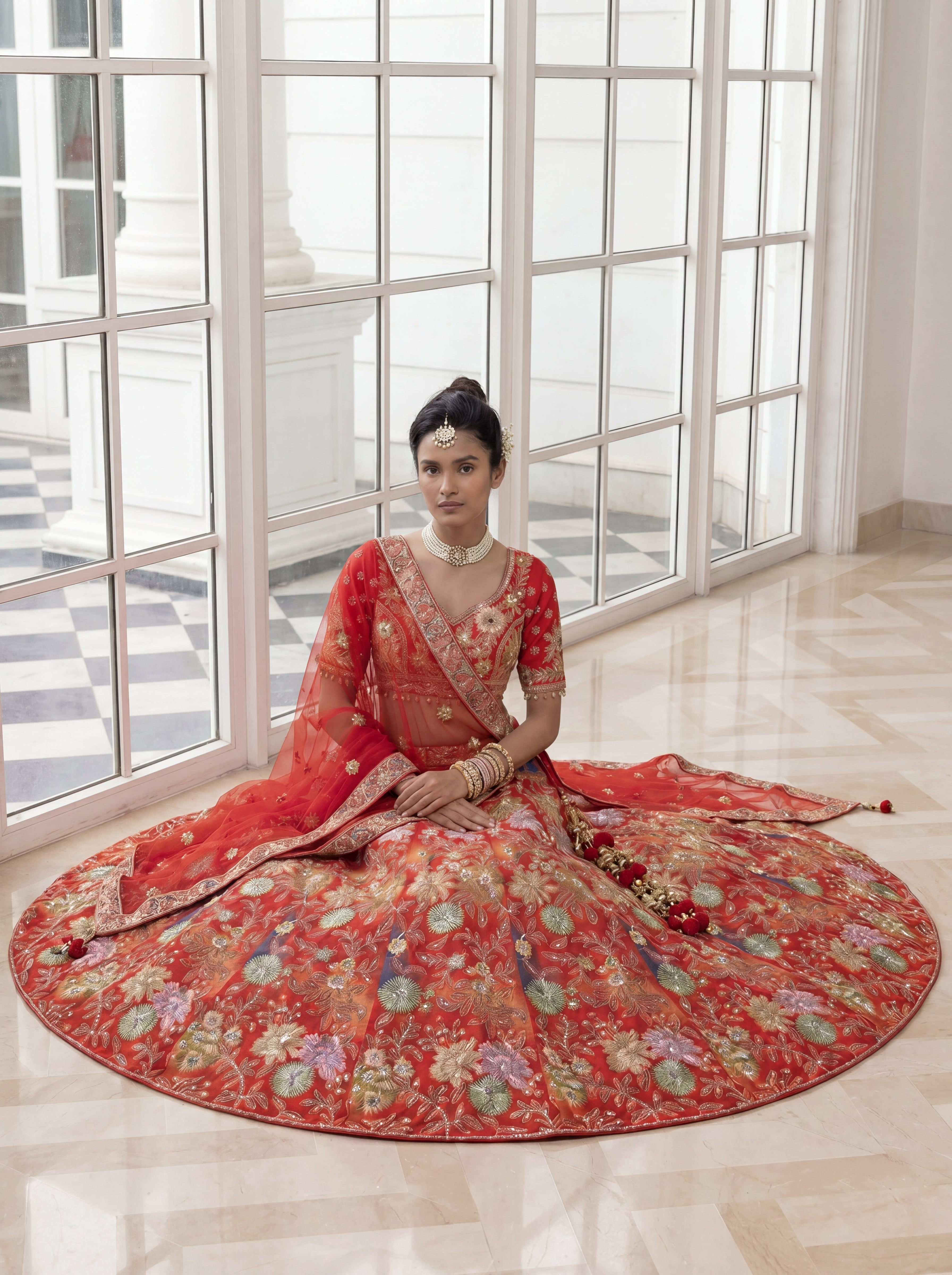 Coral Red Viscose Mirror Sequins Bridal Lehenga Choli Set