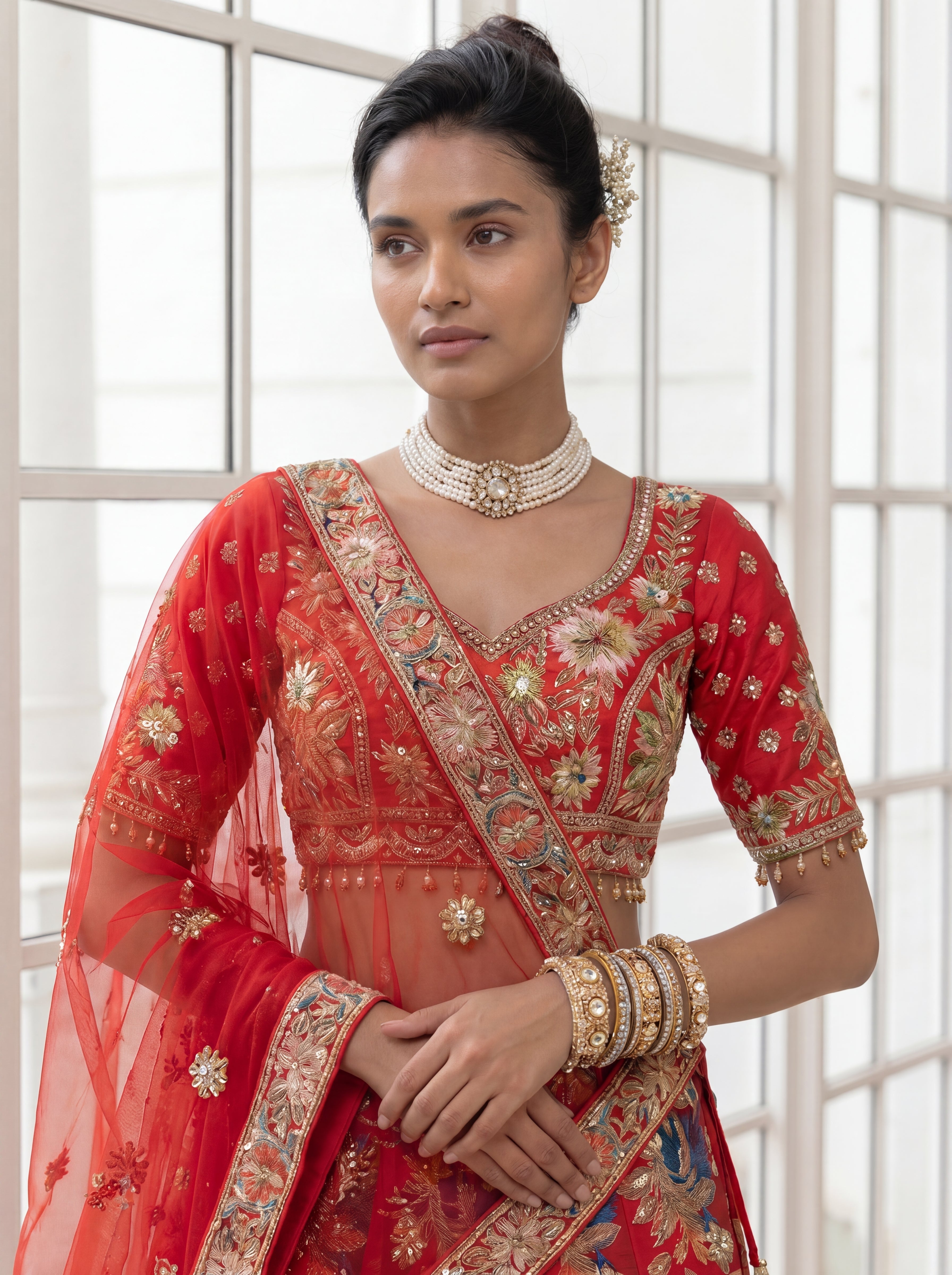 Coral Red Viscose Mirror Sequins Bridal Lehenga Choli Set
