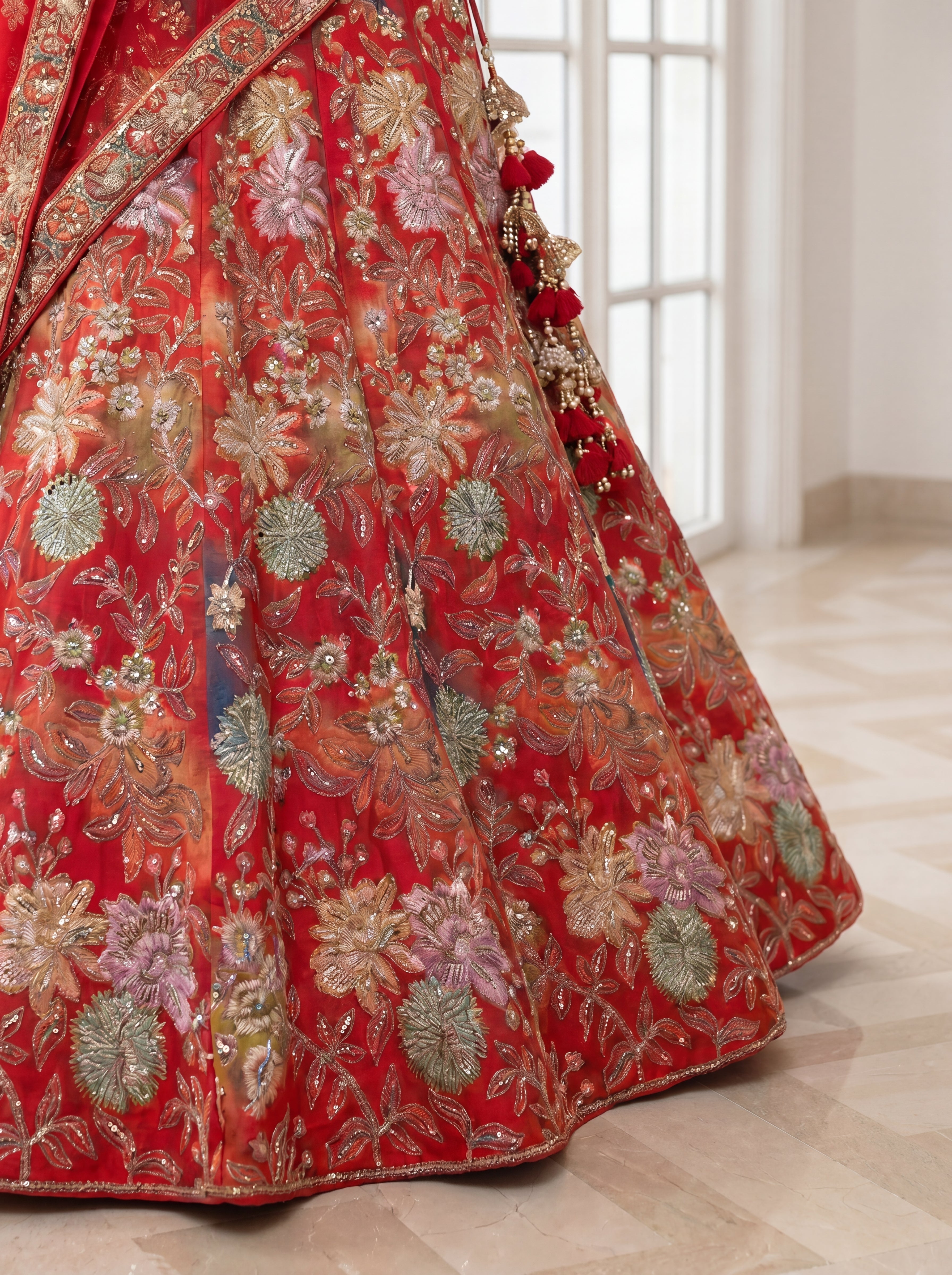 Coral Red Viscose Mirror Sequins Bridal Lehenga Choli Set