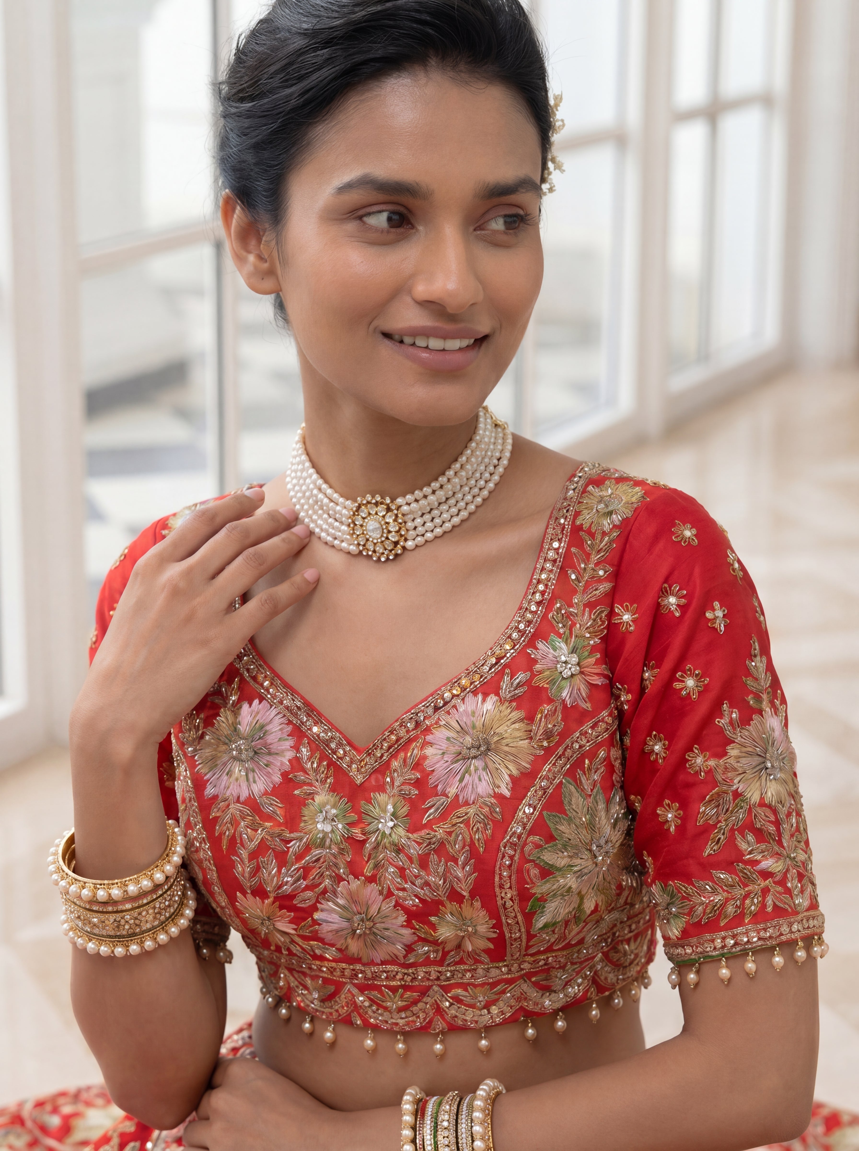 Coral Red Viscose Mirror Sequins Bridal Lehenga Choli Set
