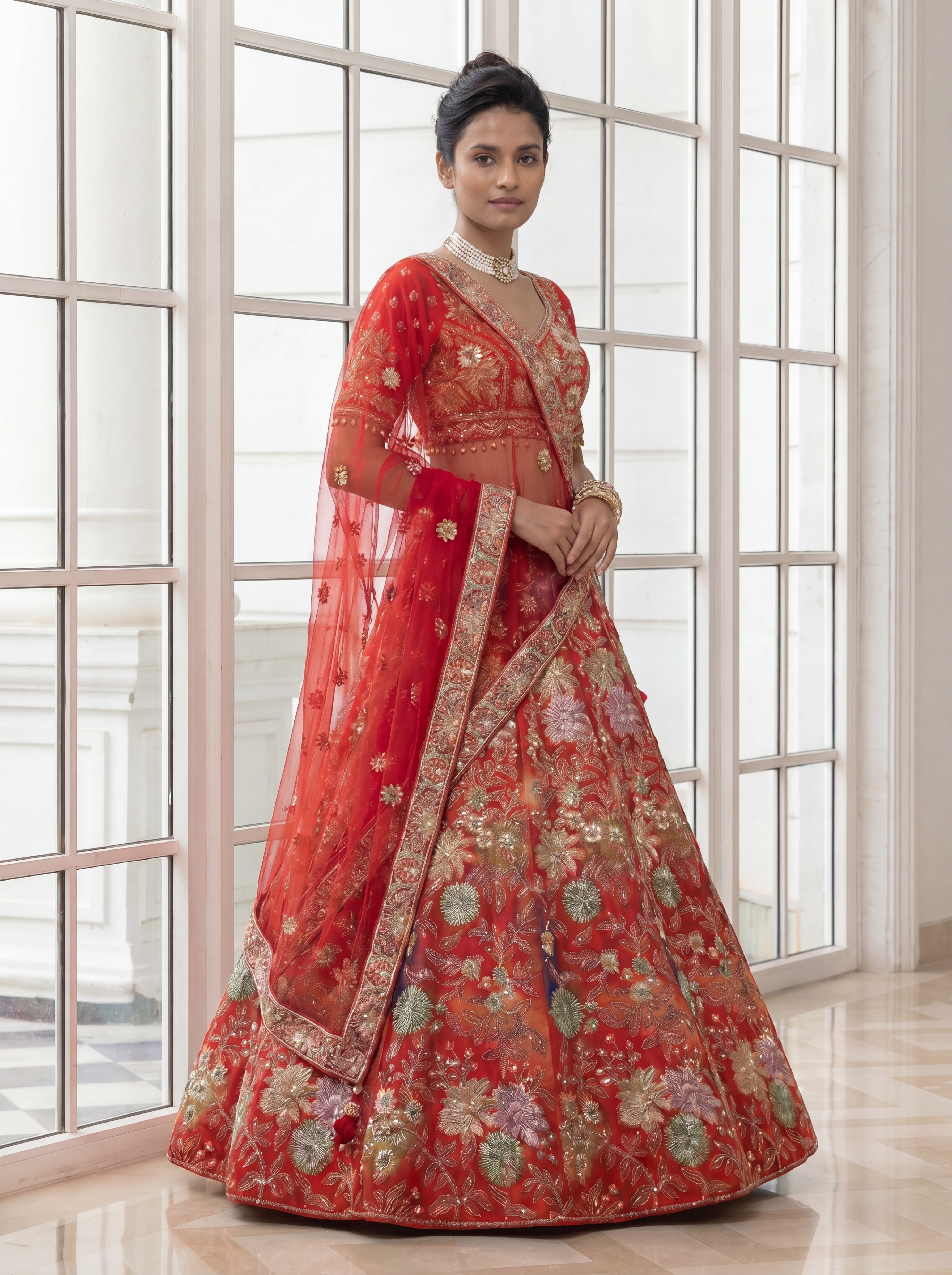 Coral Red Viscose Mirror Sequins Bridal Lehenga Choli Set