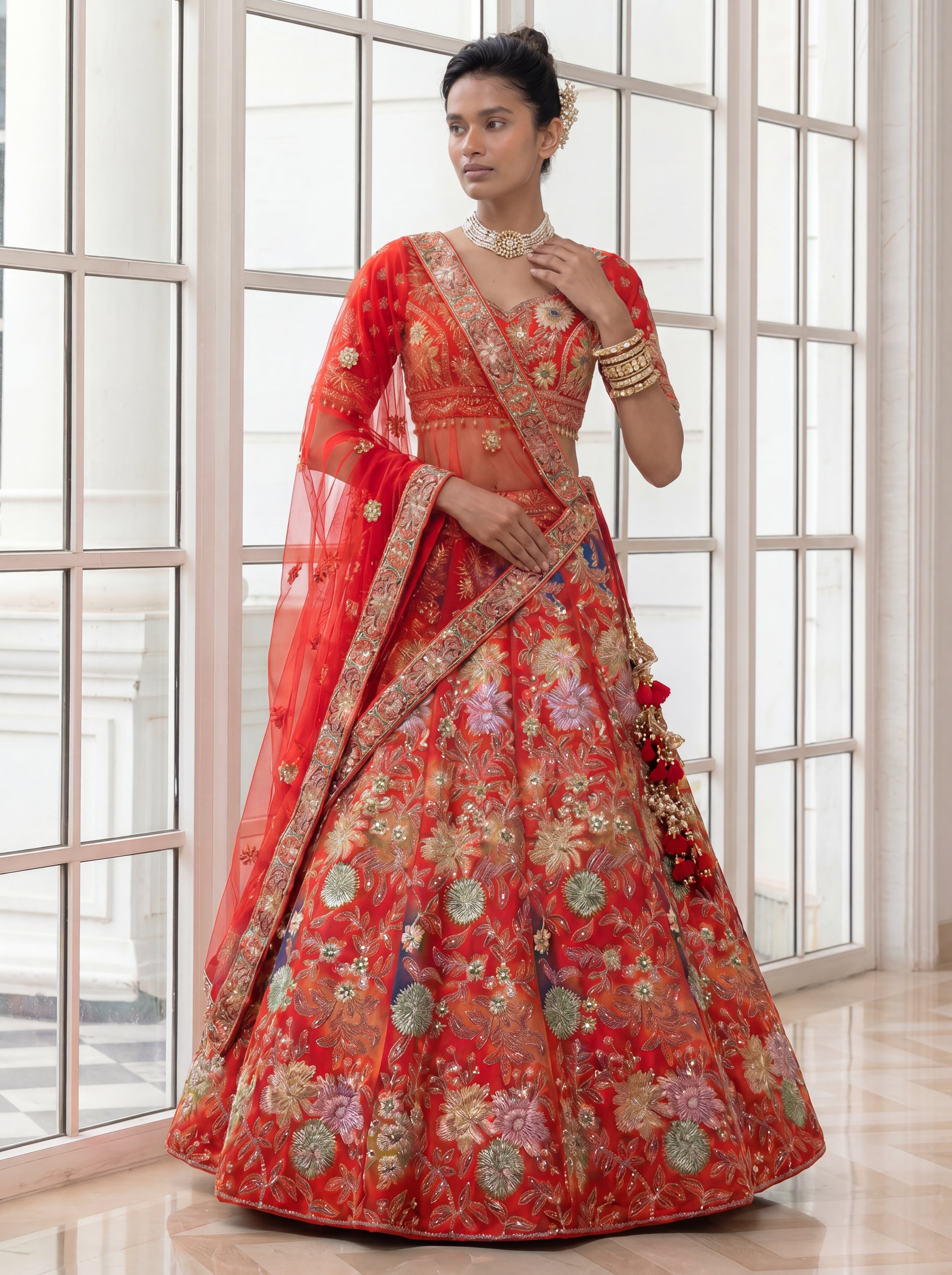 Coral Red Viscose Mirror Sequins Bridal Lehenga Choli Set