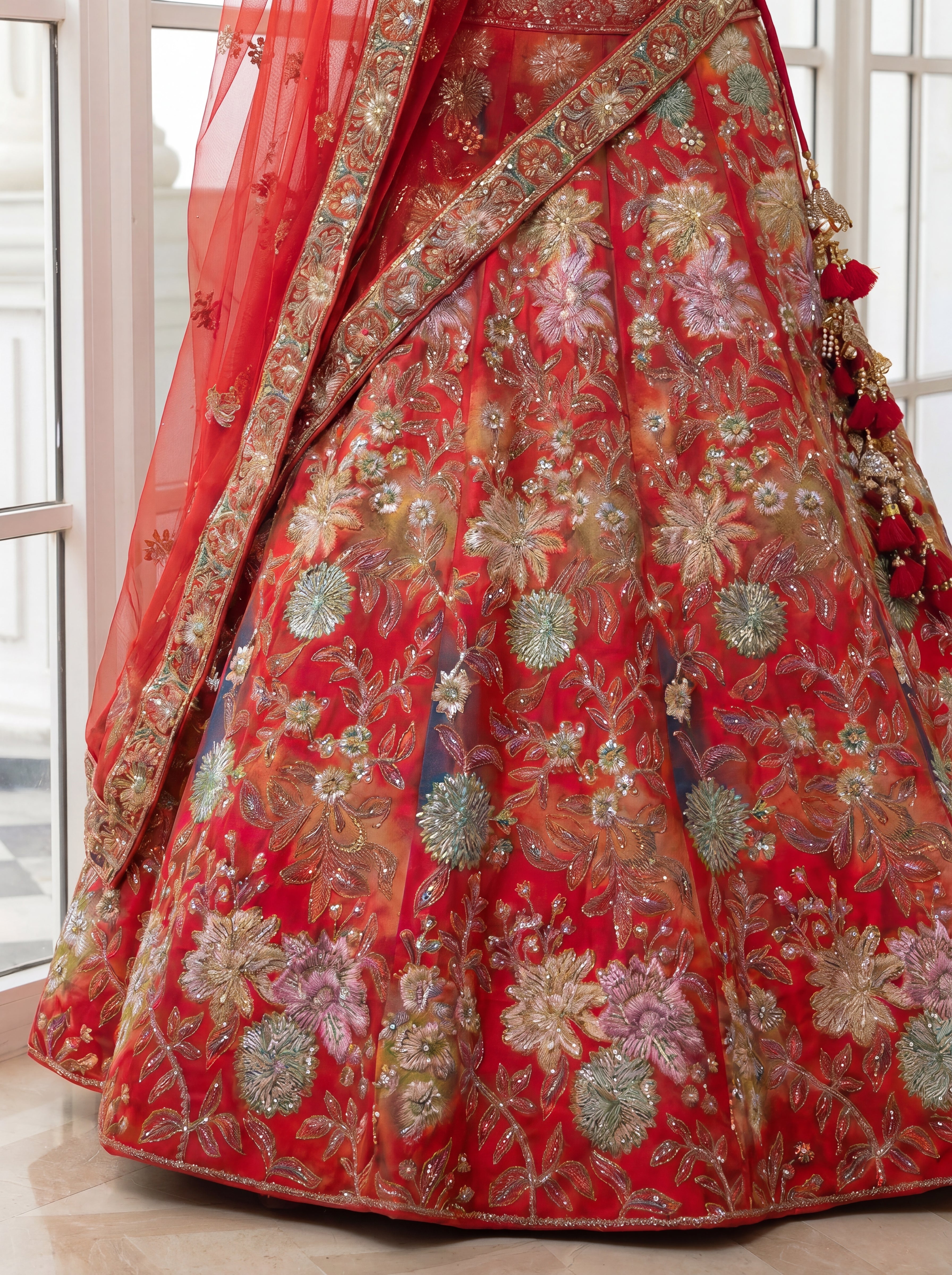 Coral Red Viscose Mirror Sequins Bridal Lehenga Choli Set