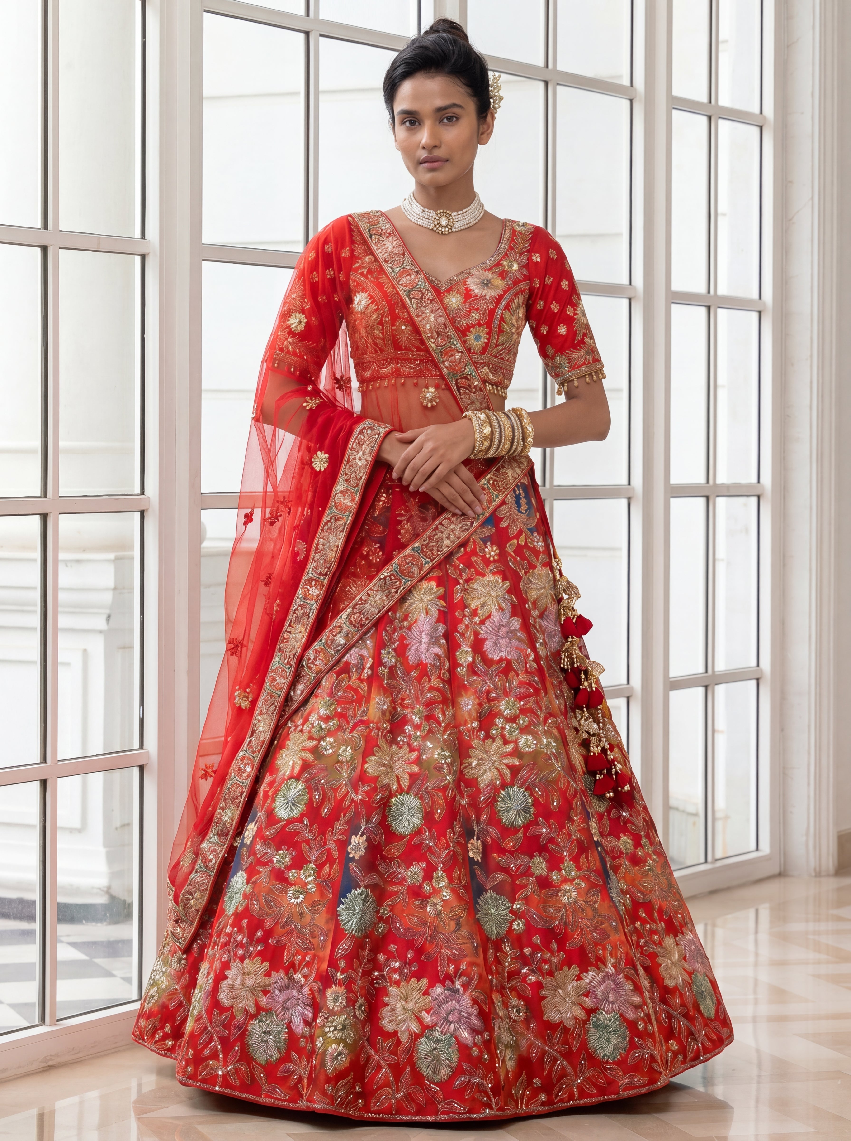 Coral Red Viscose Mirror Sequins Bridal Lehenga Choli Set