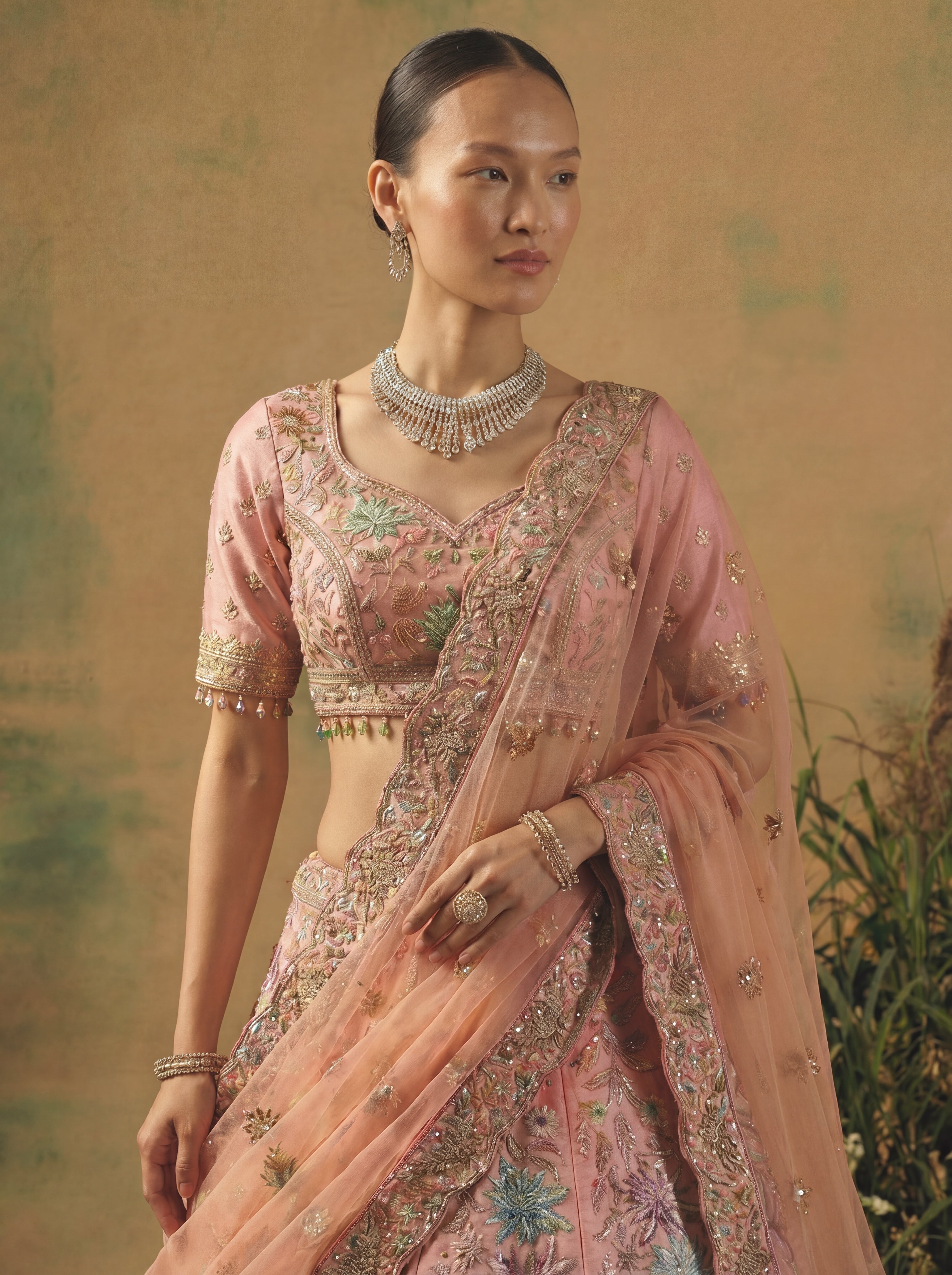Blush Pink Viscose Mirror Sequins Wedding Lehenga Choli Set