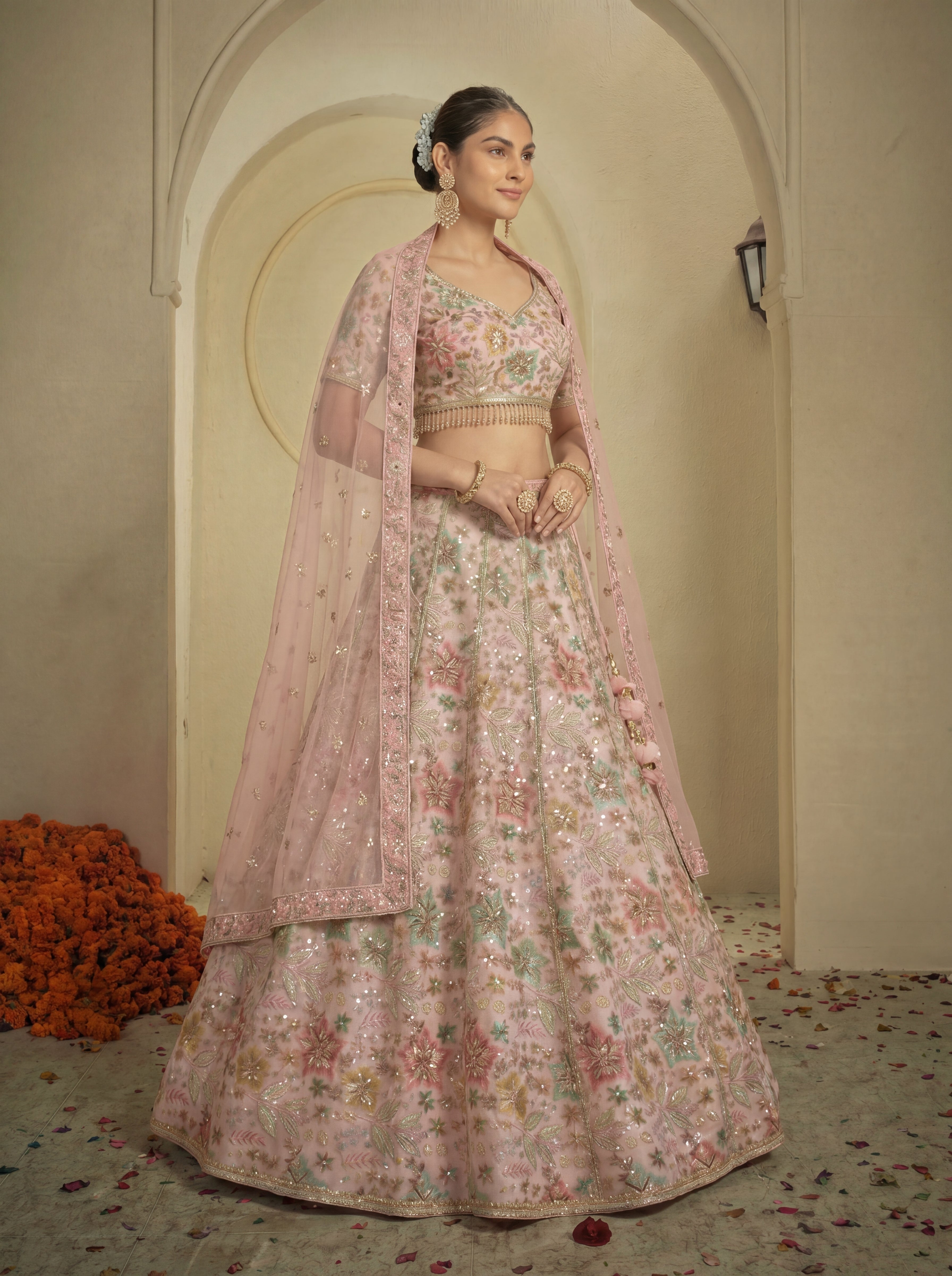 Blush Pink Tissue Sequins Embroidered Bridal Lehenga Choli Set