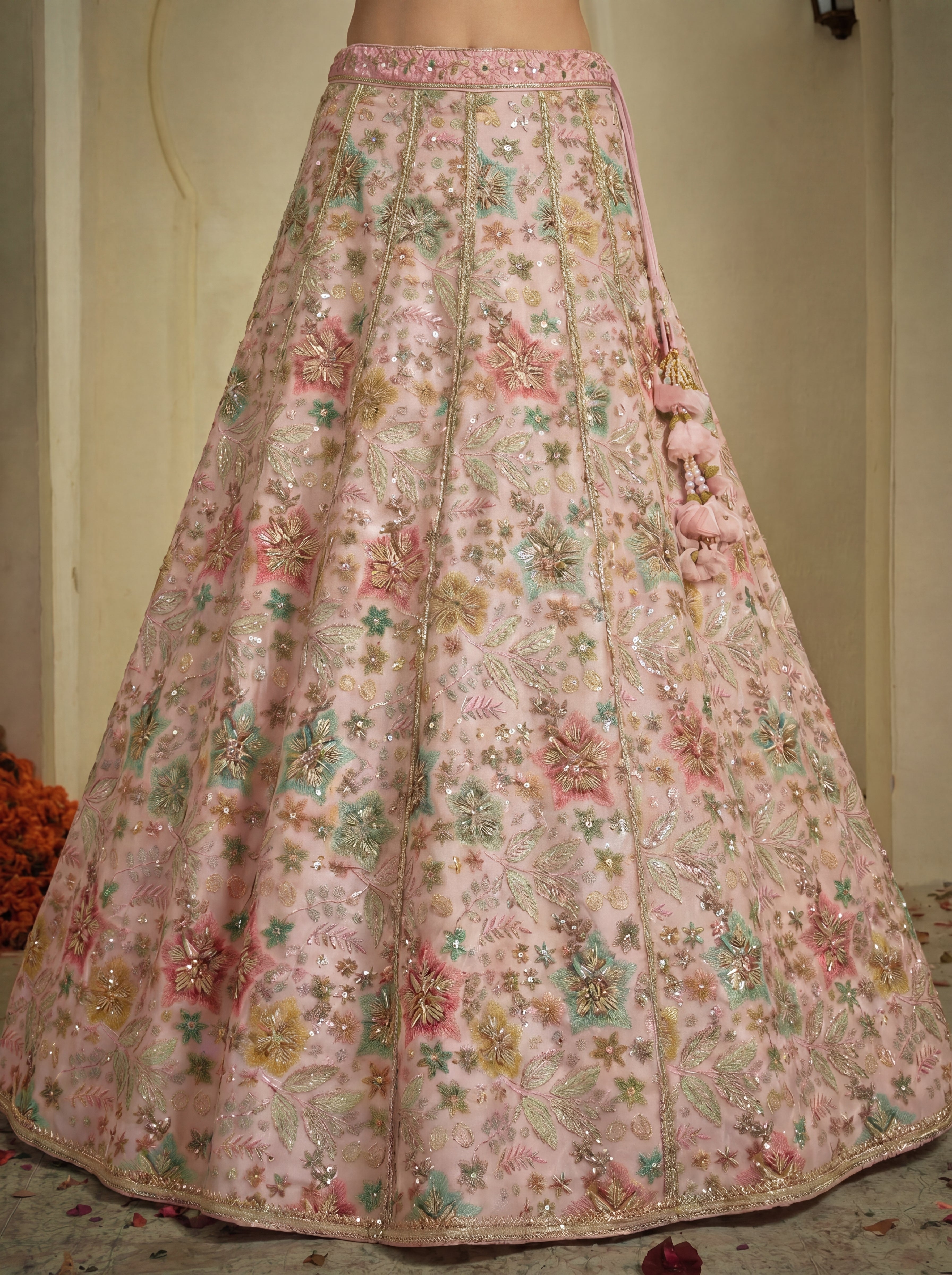 Blush Pink Tissue Sequins Embroidered Bridal Lehenga Choli Set