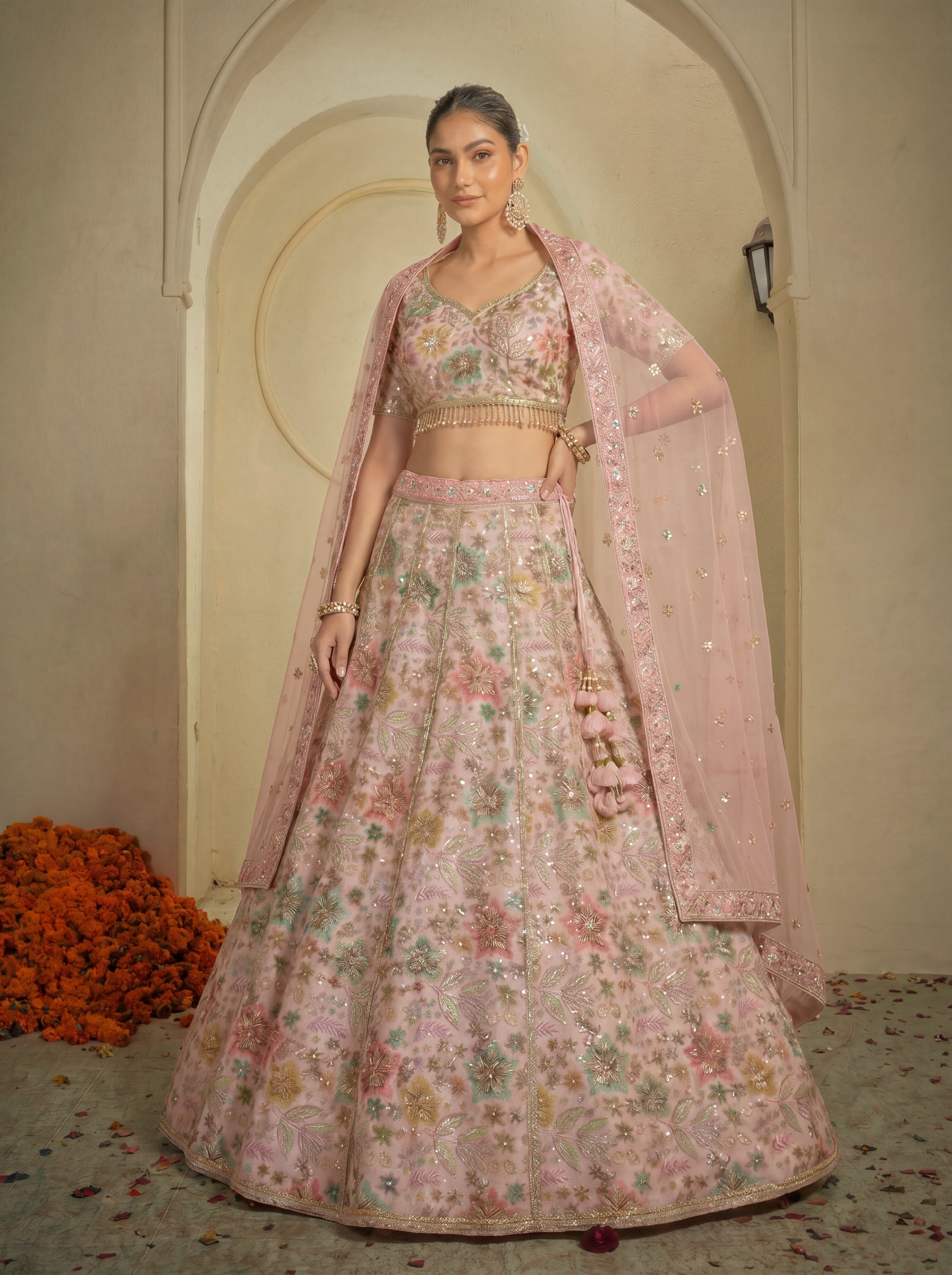 Blush Pink Tissue Sequins Embroidered Bridal Lehenga Choli Set