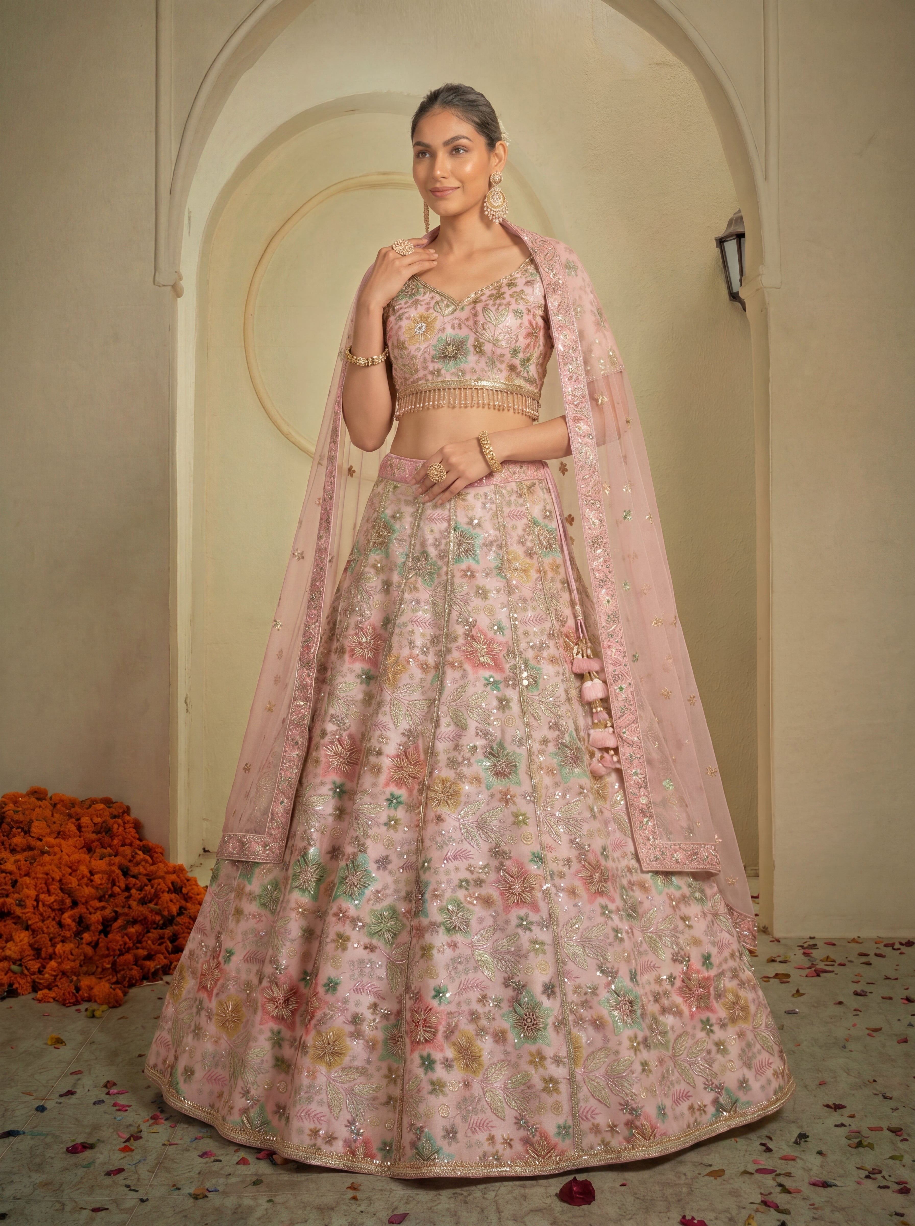 Blush Pink Tissue Sequins Embroidered Bridal Lehenga Choli Set