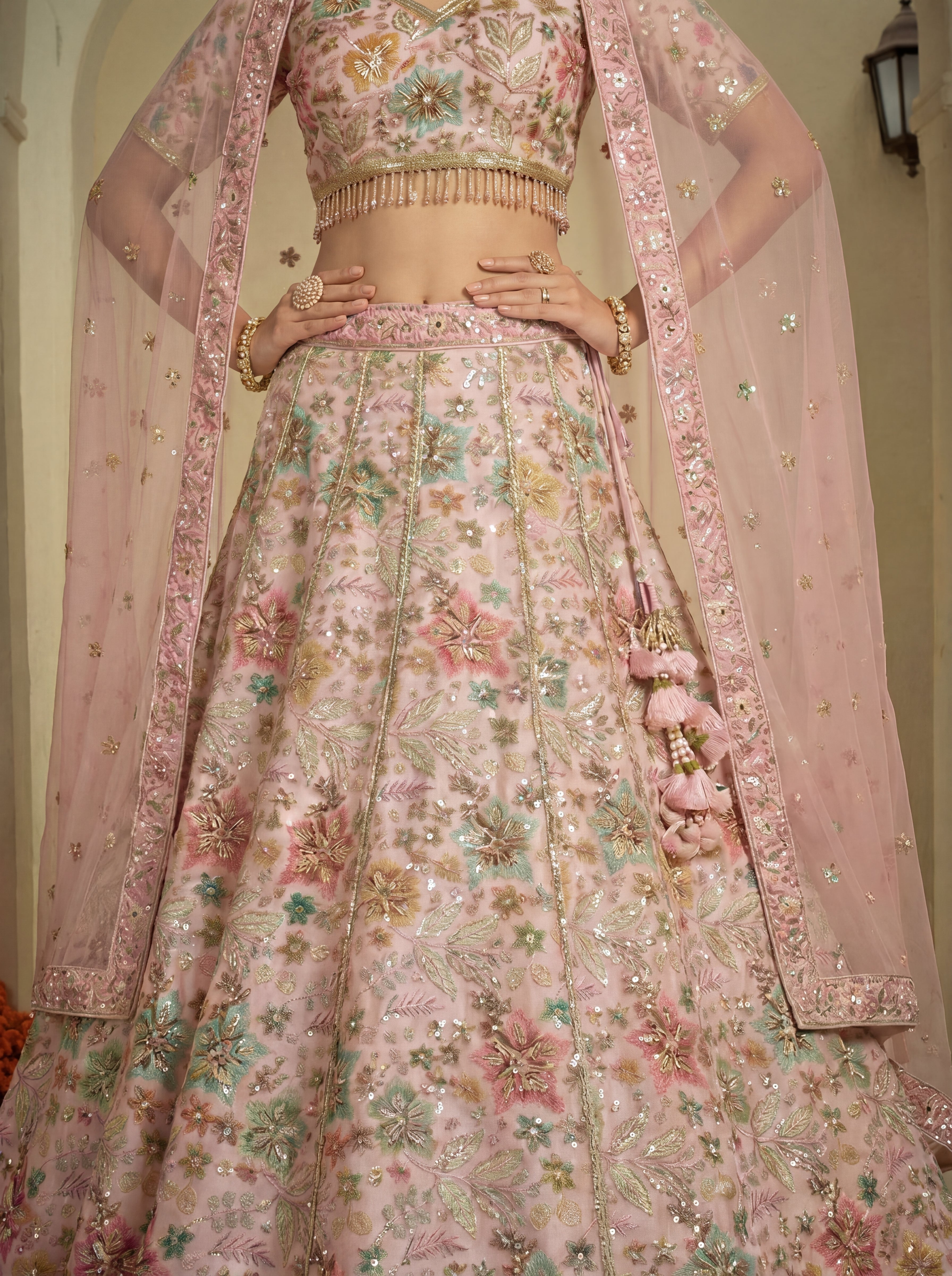 Blush Pink Tissue Sequins Embroidered Bridal Lehenga Choli Set