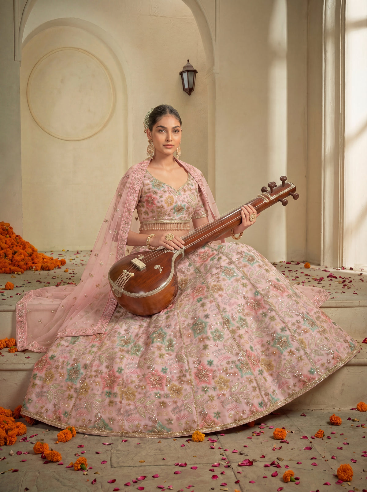 Blush Pink Tissue Sequins Embroidered Bridal Lehenga Choli Set