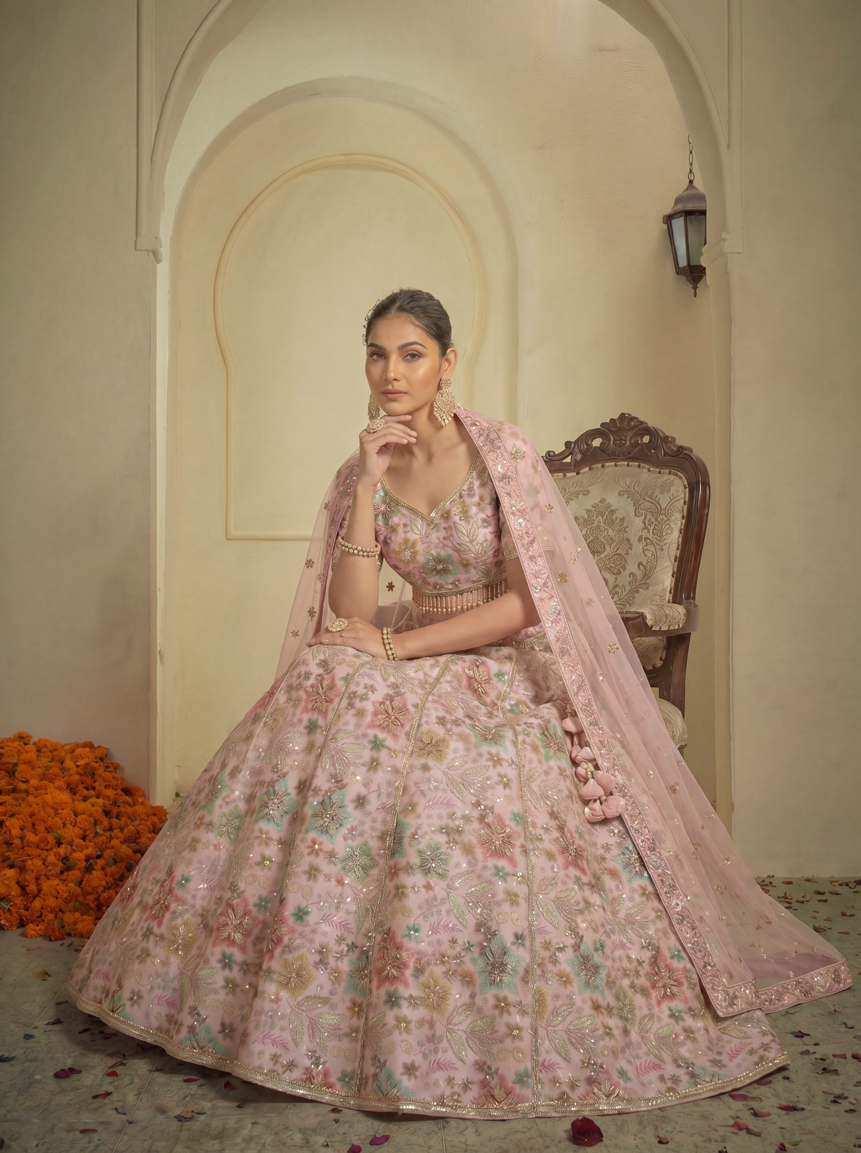 Blush Pink Tissue Sequins Embroidered Bridal Lehenga Choli Set