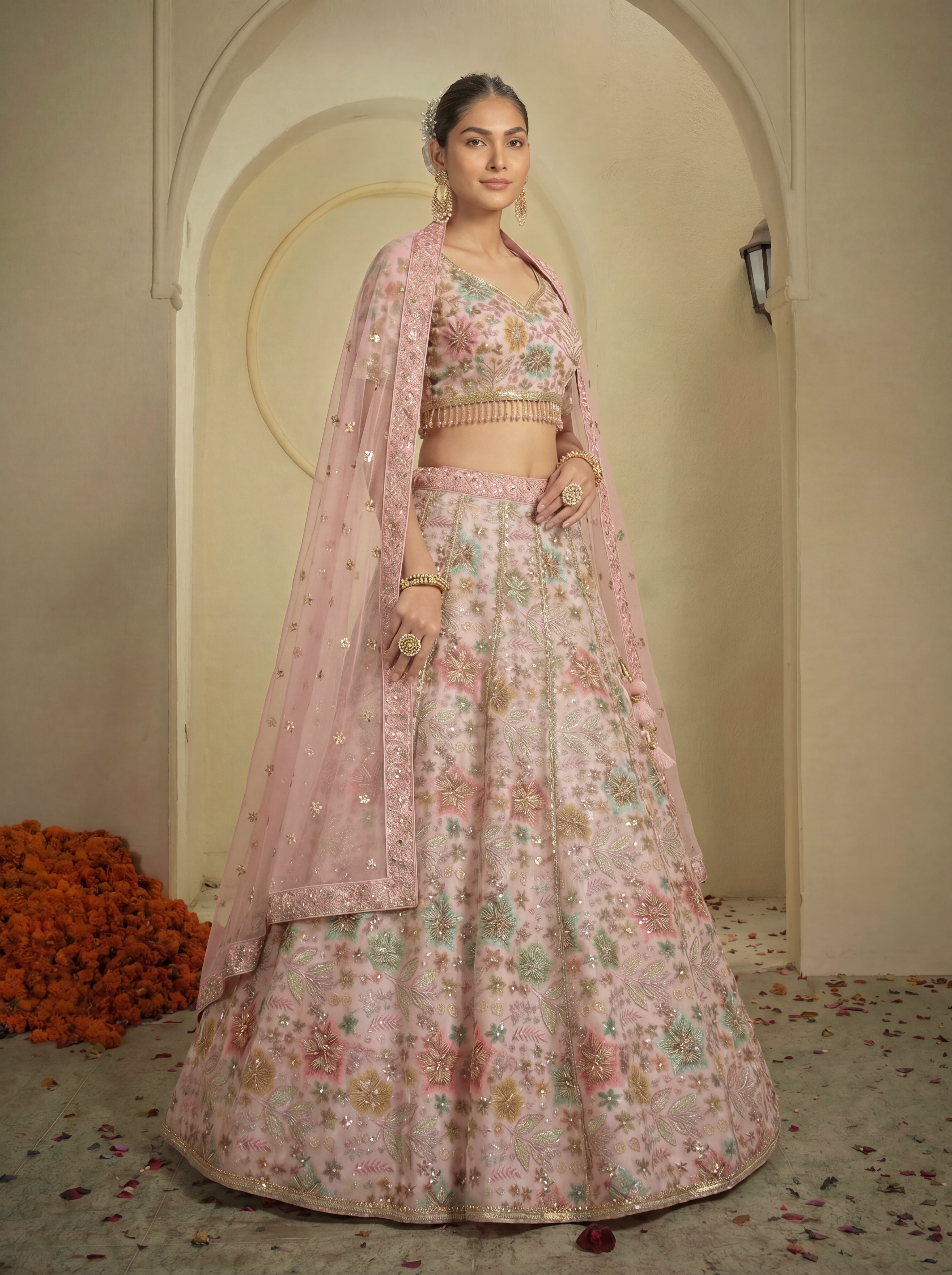 Blush Pink Tissue Sequins Embroidered Bridal Lehenga Choli Set