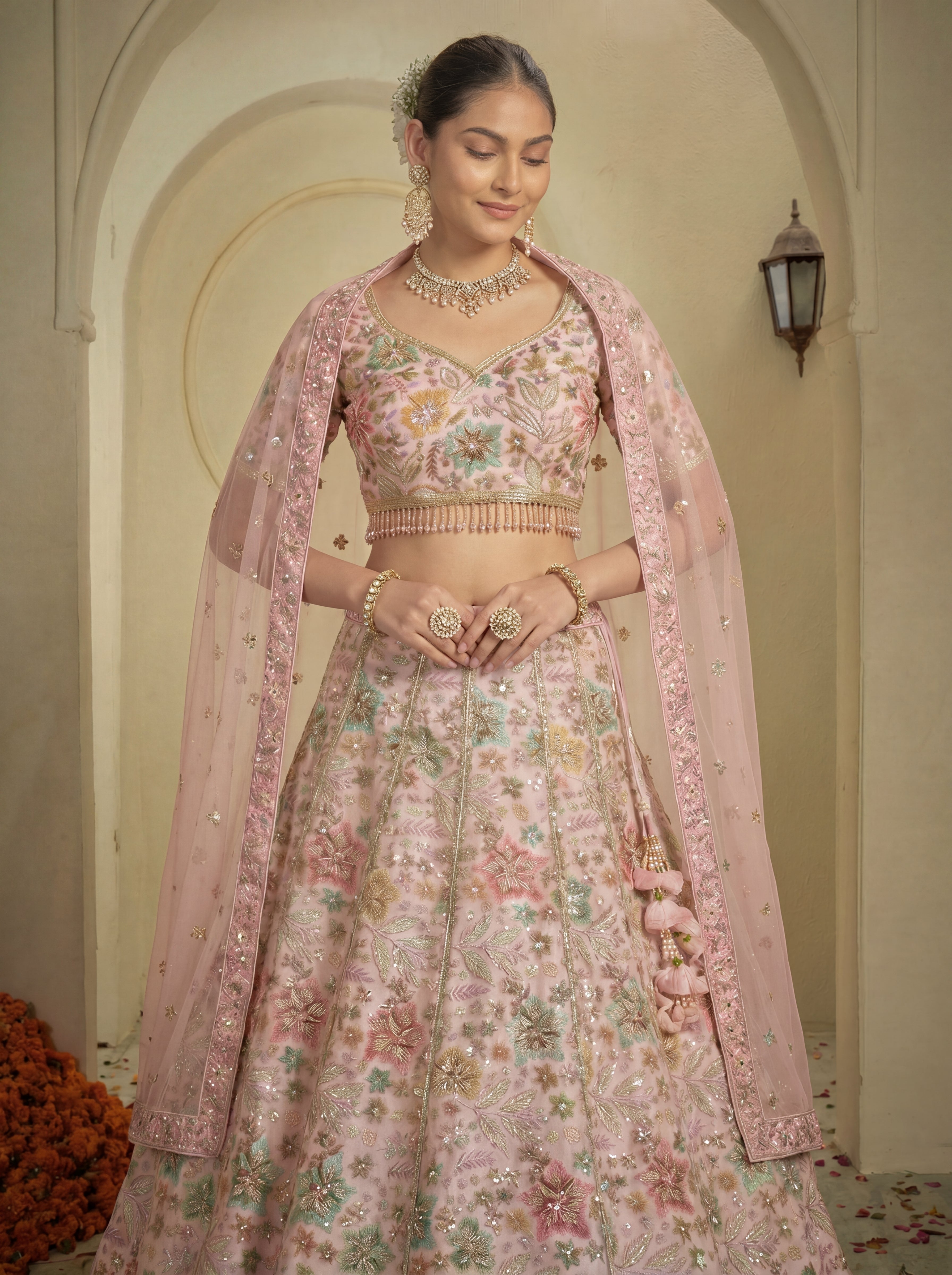 Blush Pink Tissue Sequins Embroidered Bridal Lehenga Choli Set